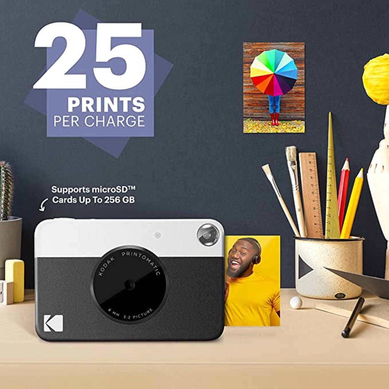 Kodak Printomatic Black Sofortbildkamera (5 MP, Vollfarbdrucke auf ZINK 2x3-Fotopapier mit Sticky-Back-Funktion)