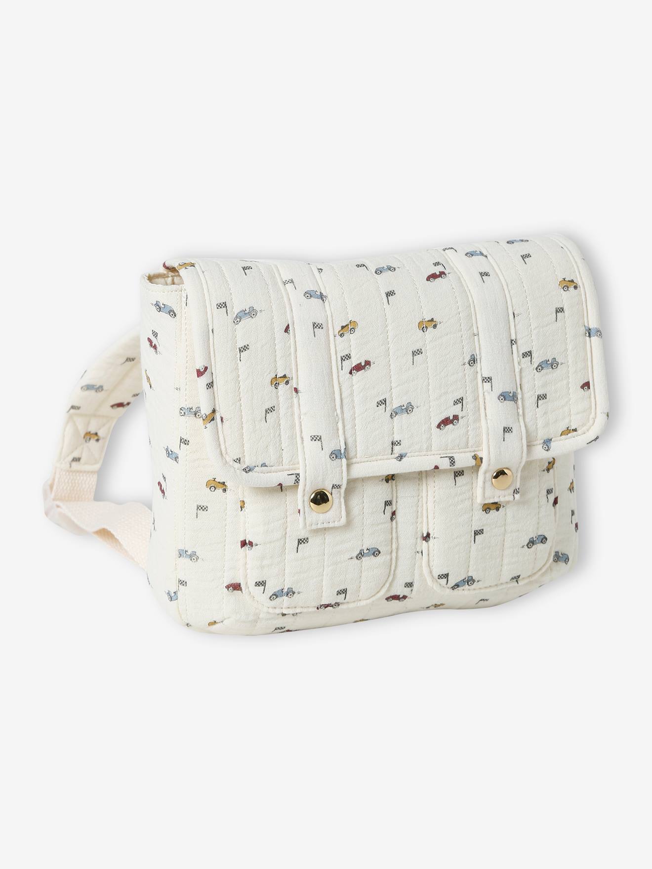 Cartable maternelle voitures garçon en gaze de coton matelassée écru