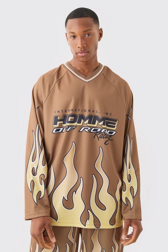 Langärmliges Mesh T-Shirt mit Homme Flammen-Print