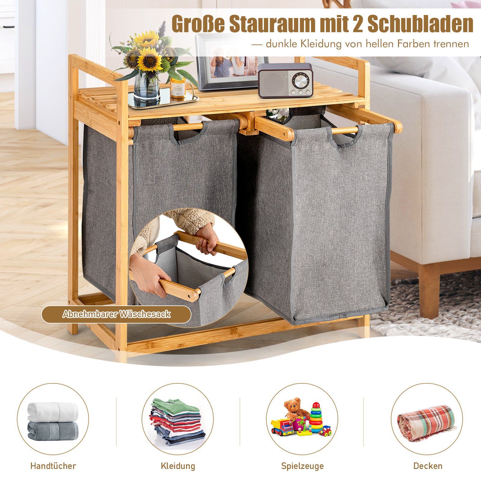 COSTWAY Wäschekorb, 2 Fächer Bambus, mit Ablage, 64x33x73cm
