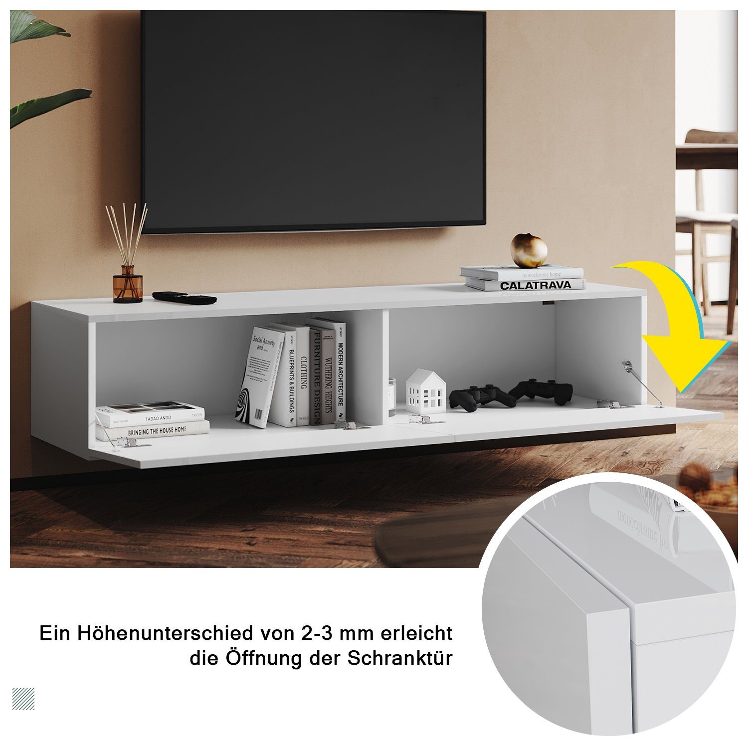 SONNI Lowboard Breite 140cm,TV Board,Hängend,Hochglanz,Weiß,140x40x30cm