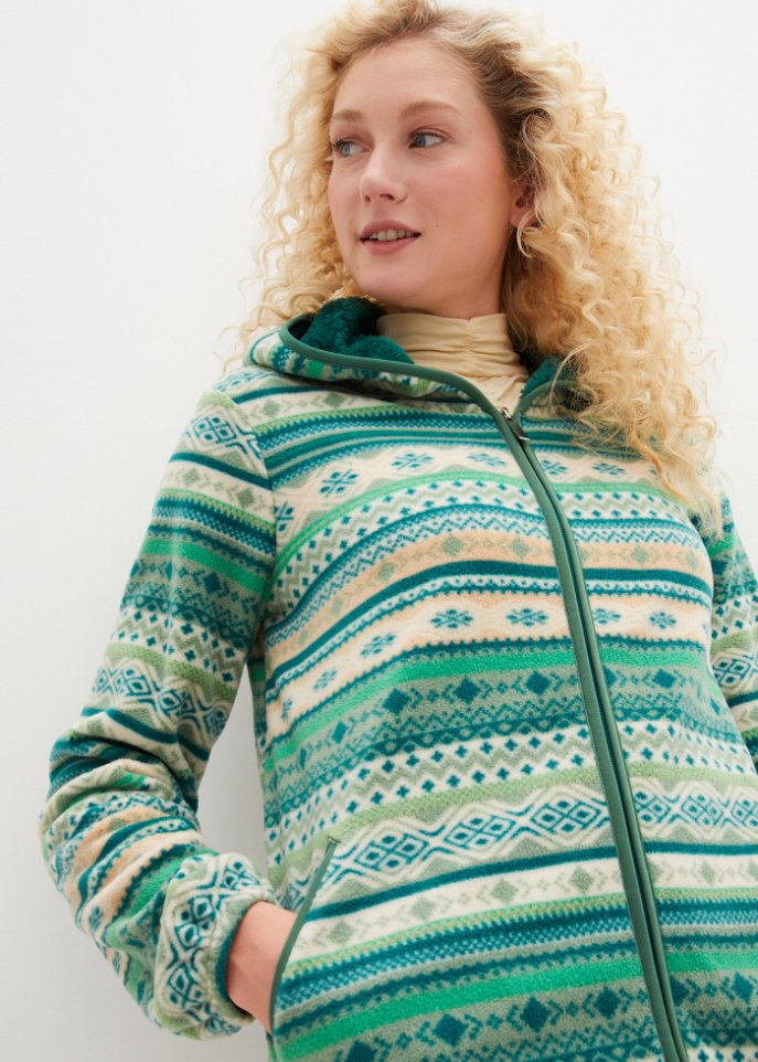 Kapuzen-Fleecejacke mit Norweger-Muster