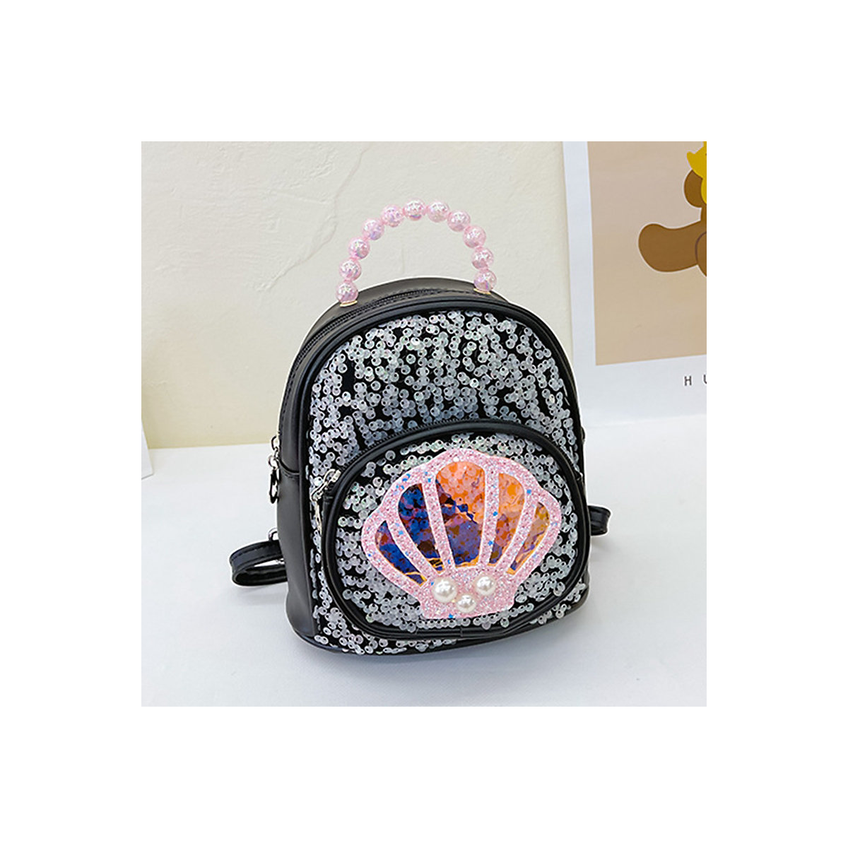 Pailletten-Rucksack mit Muschel für Mädchen Verstellbarer Schultergurt