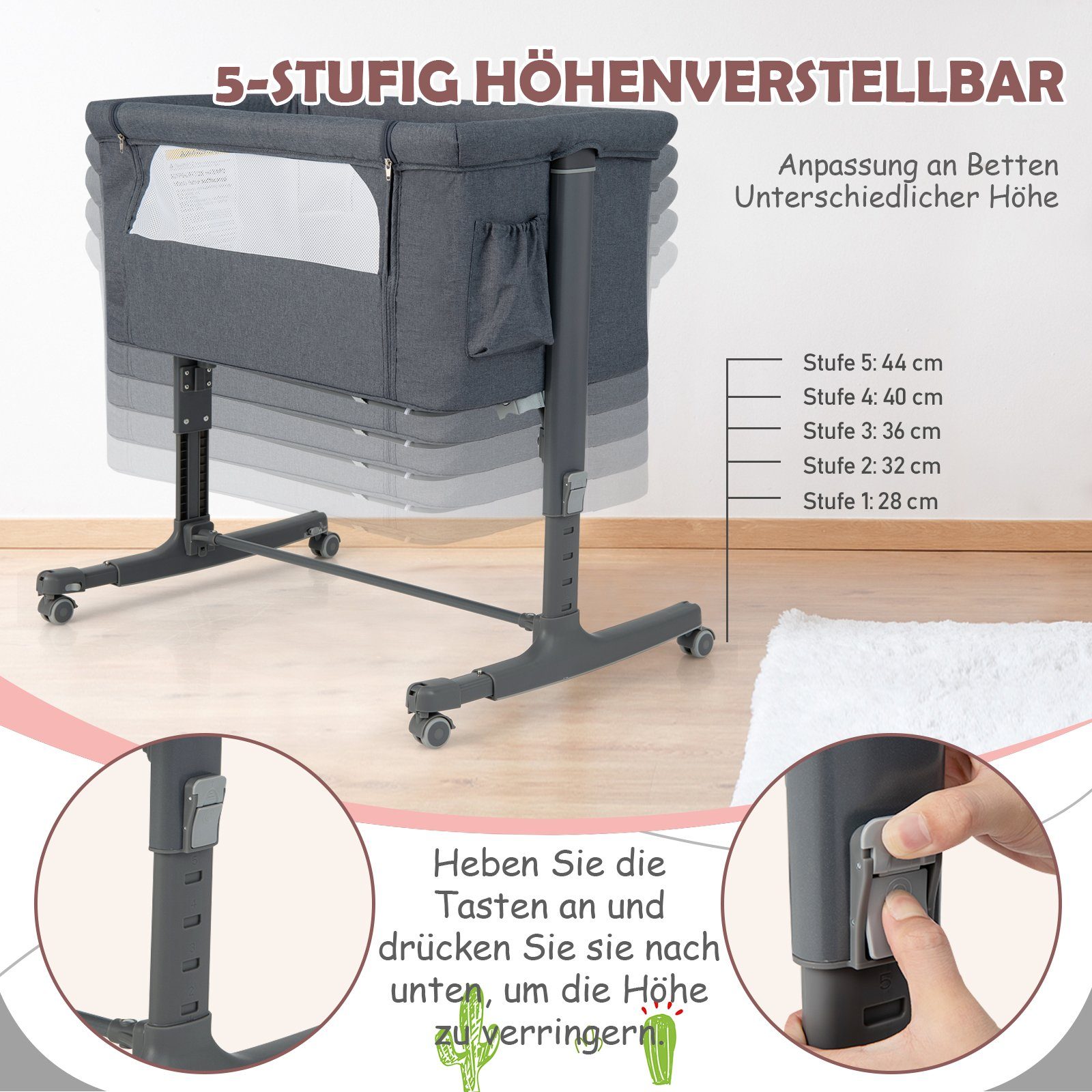 COSTWAY Beistellbett 3 in 1 Reisebett, 5-stufig höhenverstellbar,Matratze