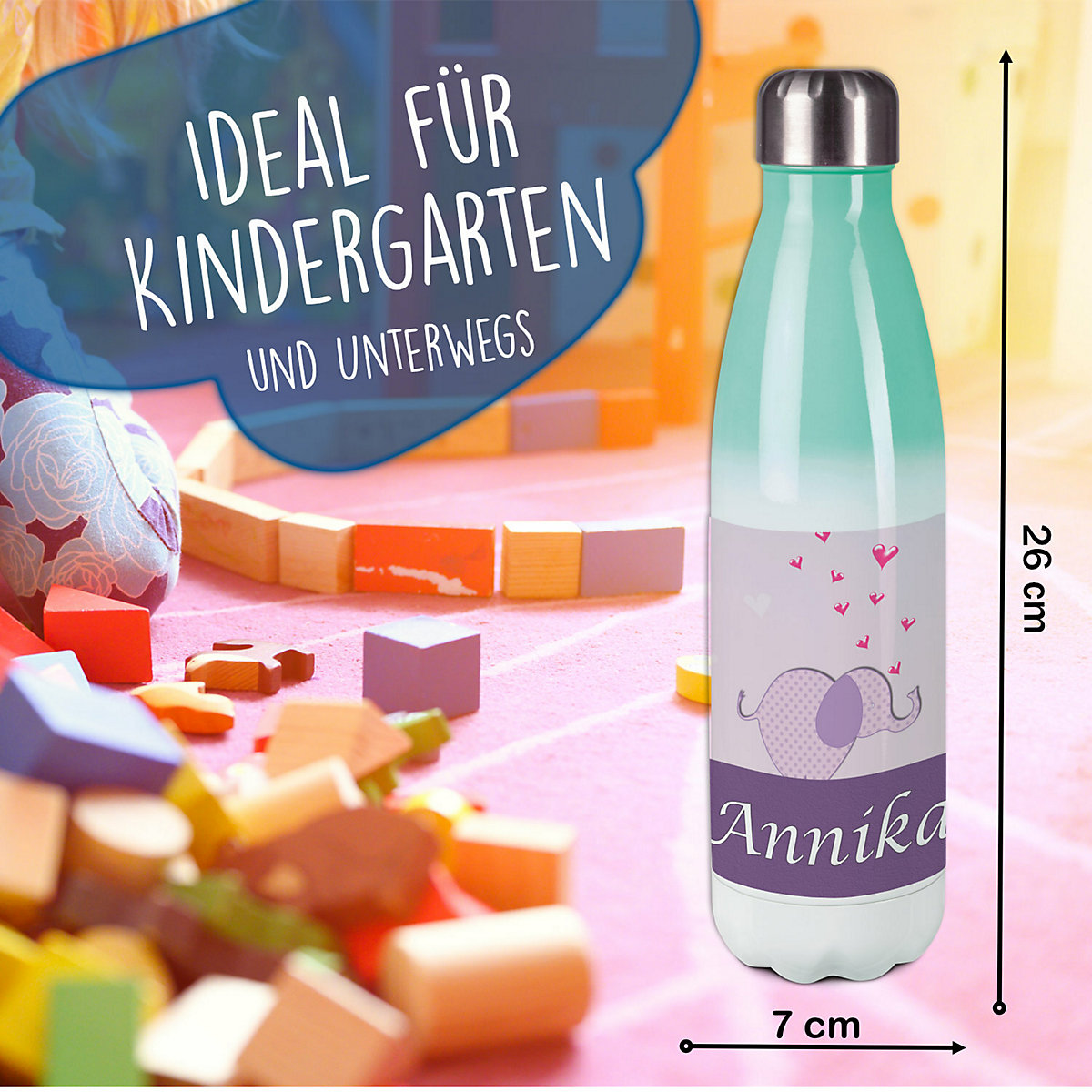 Edelstahl Kinder Thermoflasche / Trinkflasche bunt Elefant Farbe lila Spülmaschinenfest, Auslaufsicher, Bruchfest, Doppelwandig, Für Heißgetränke geeignet, Mit Deckel, Isoliert