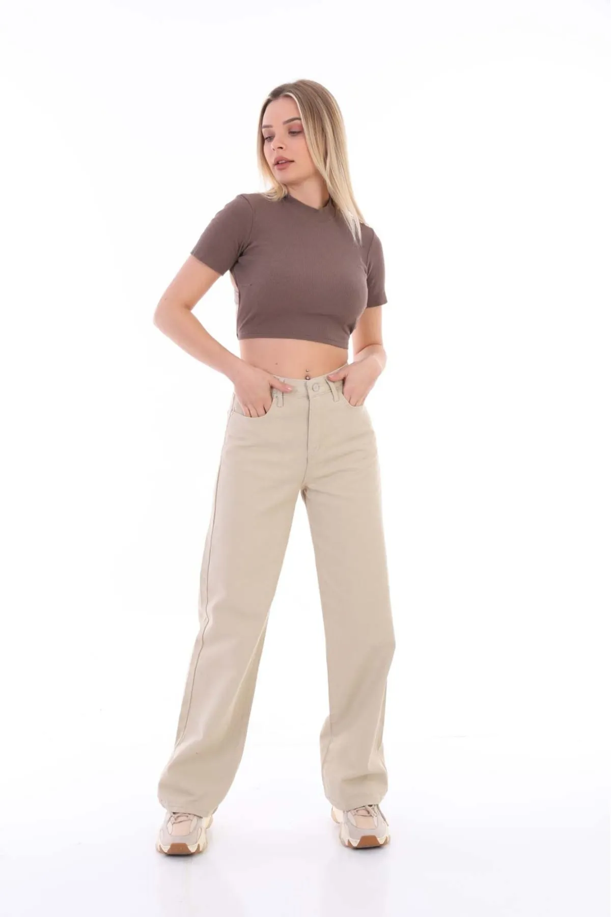 BİKELİFE  Beigefarbene Palazzo-Hose mit weitem Bein und hoher Taille für Damen