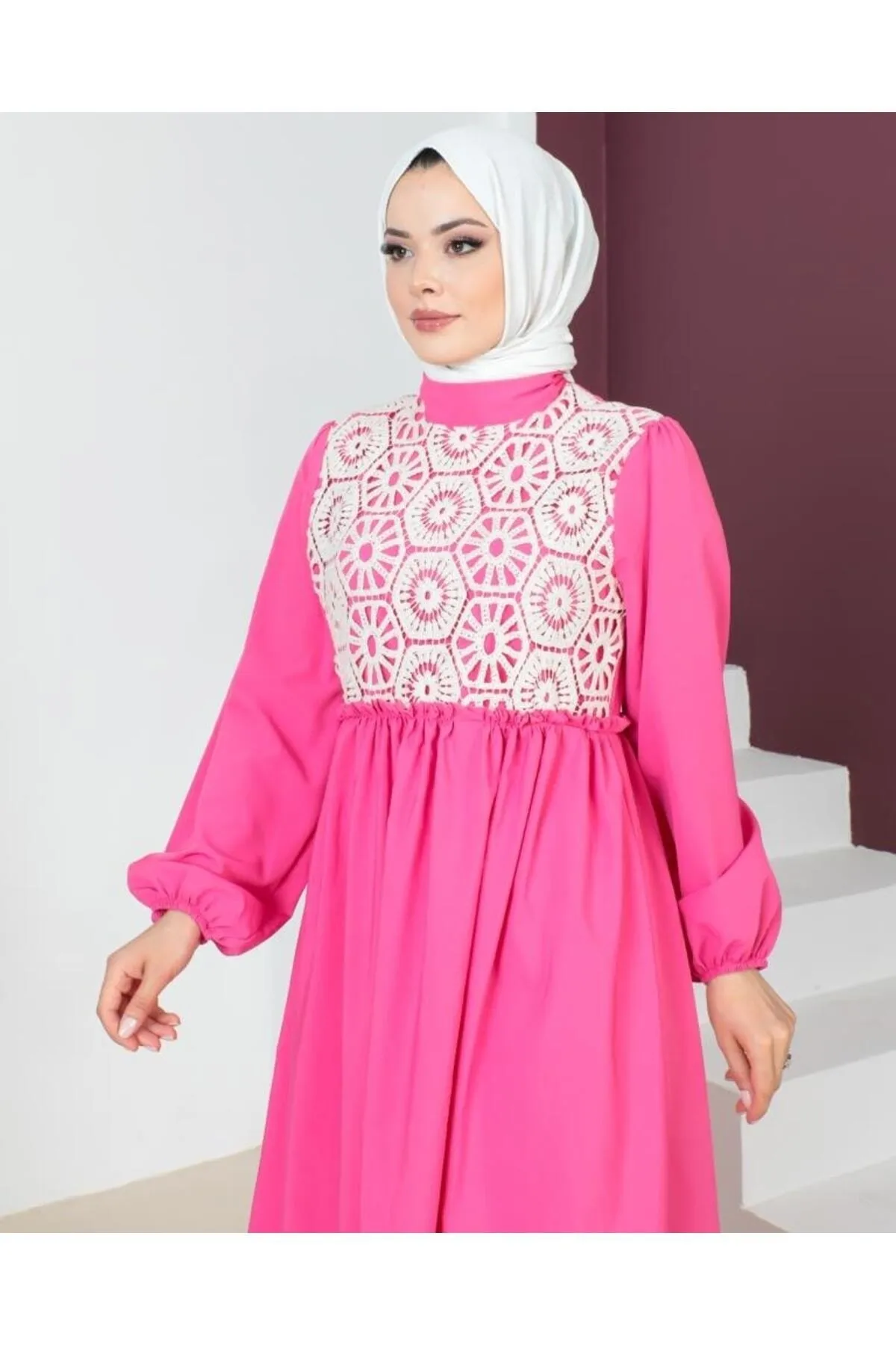 benguen  449 Spitzendetailliertes Hijab-Kleid Fuchsia
