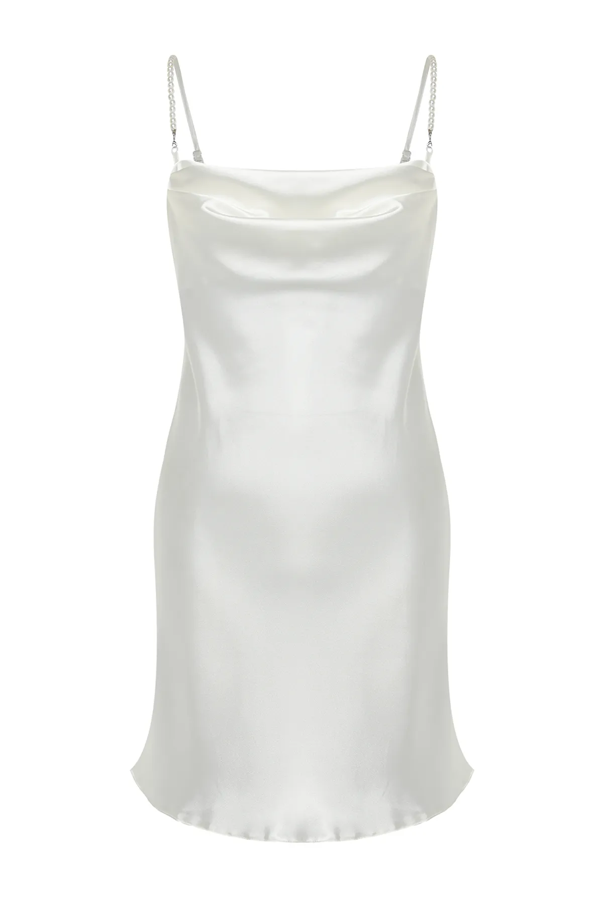 Trendyol Collection  Weißes Braut-Nachthemd aus Satin mit abnehmbarem und verstellbarem Perlenträger-Detail THMSS24GC00012
