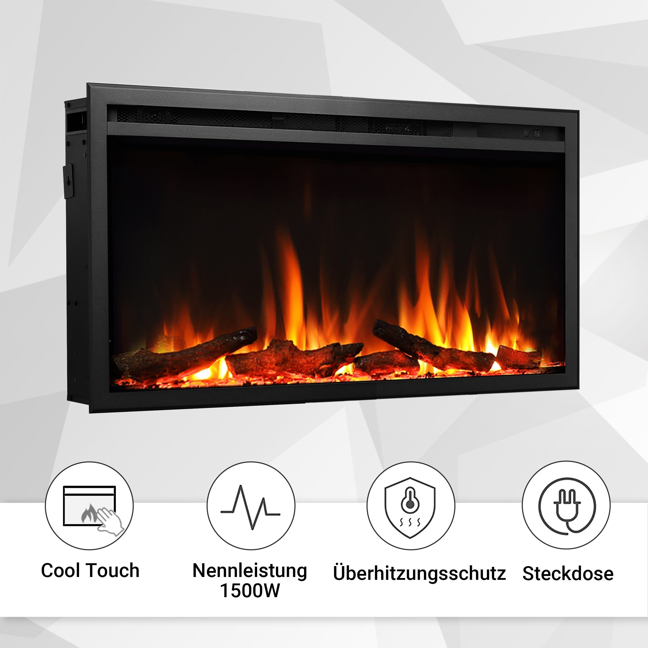 RICHEN Elektrokamin Atalanta, Einbaukamin mit Heizung 2000W, 3D-Flammeneffekt, integrierte Knisterfunktion, Fernbedienung, Timer, Thermostat