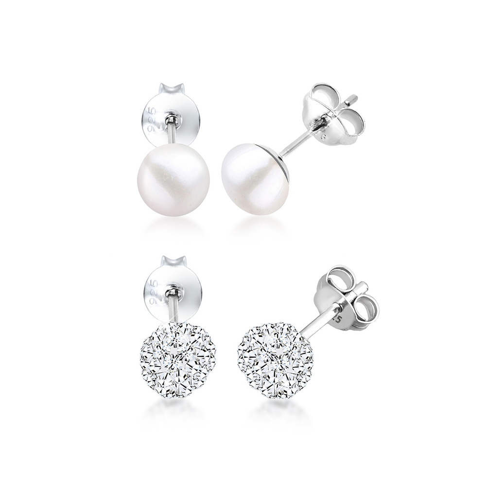 Elli Elli Boucles d'Oreilles Kugel Perle Set Kristalle 925 Silber Boucles d'oreilles