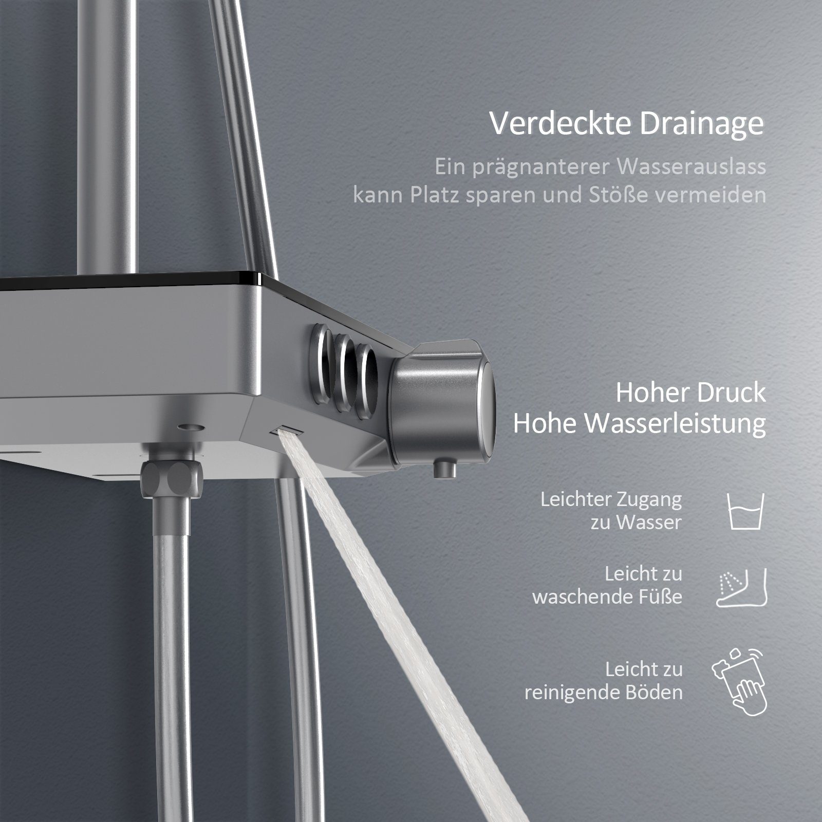 EMKE Duschsystem Duschsystem mit Thermostat Glasablage, Handbrause, 3 Strahlart(en), 45cm Thermostatische Platte,Regendusche mit Armatur