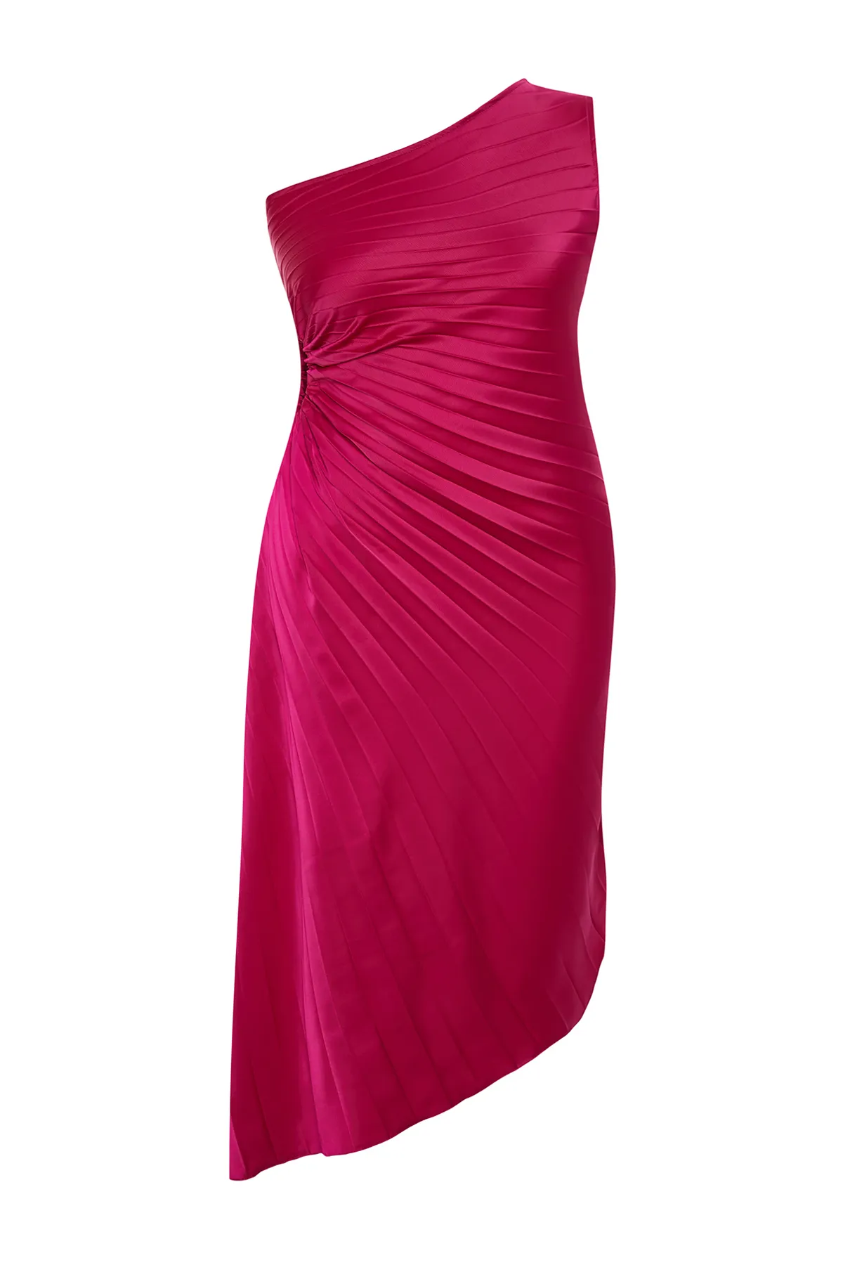 Trendyol Curve  Fuchsiafarbenes, plissiertes, gewebtes Kleid mit asymmetrischem Schnitt TBSSS24AH00155