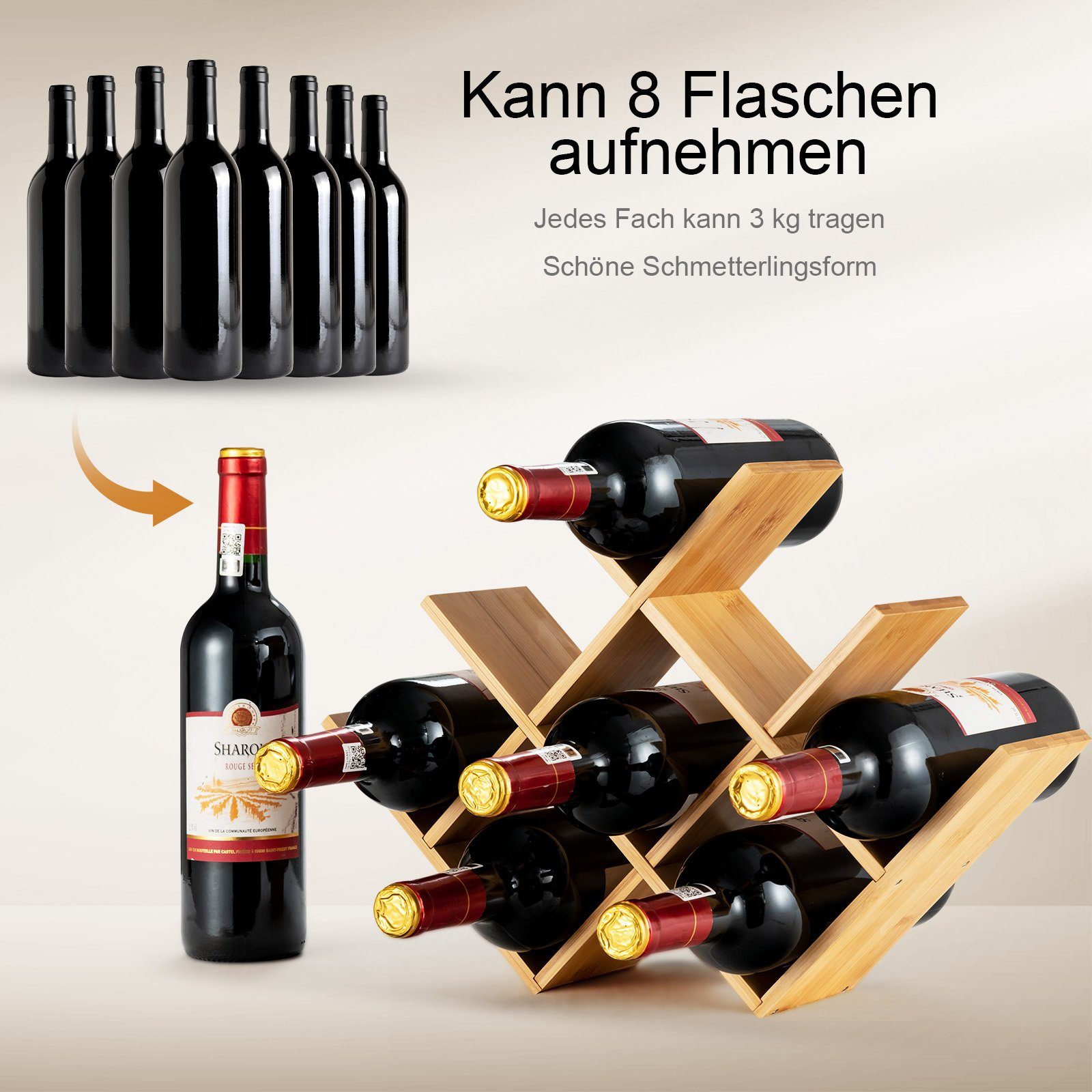 COSTWAY Weinregal Flaschenregal Weinständer, 8 Flaschen aus Bambus