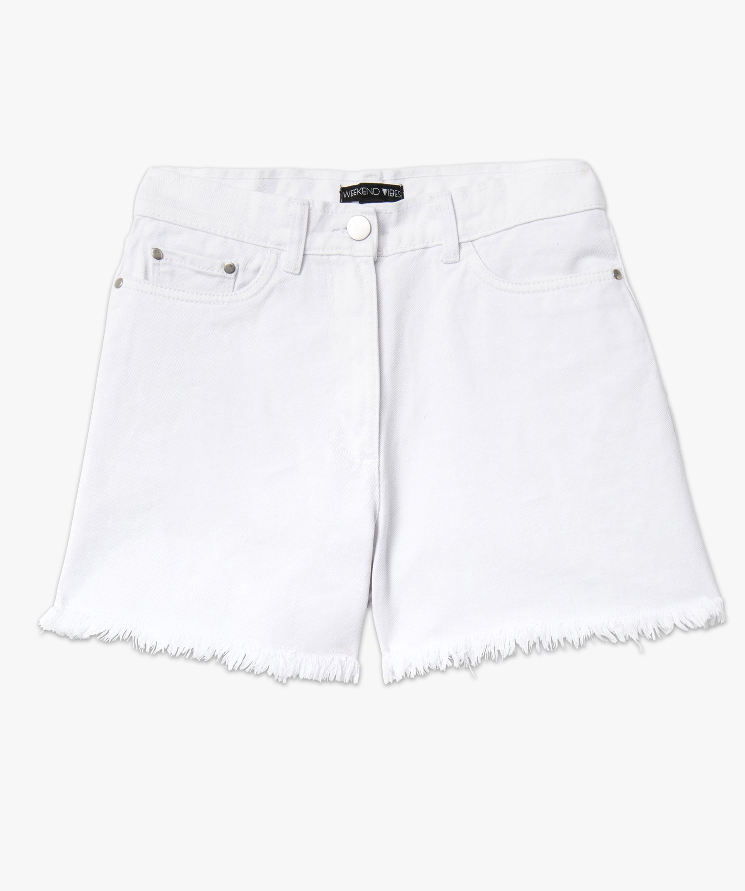 Short en jean à taille haute et finition frangée femme ecru | GEMO