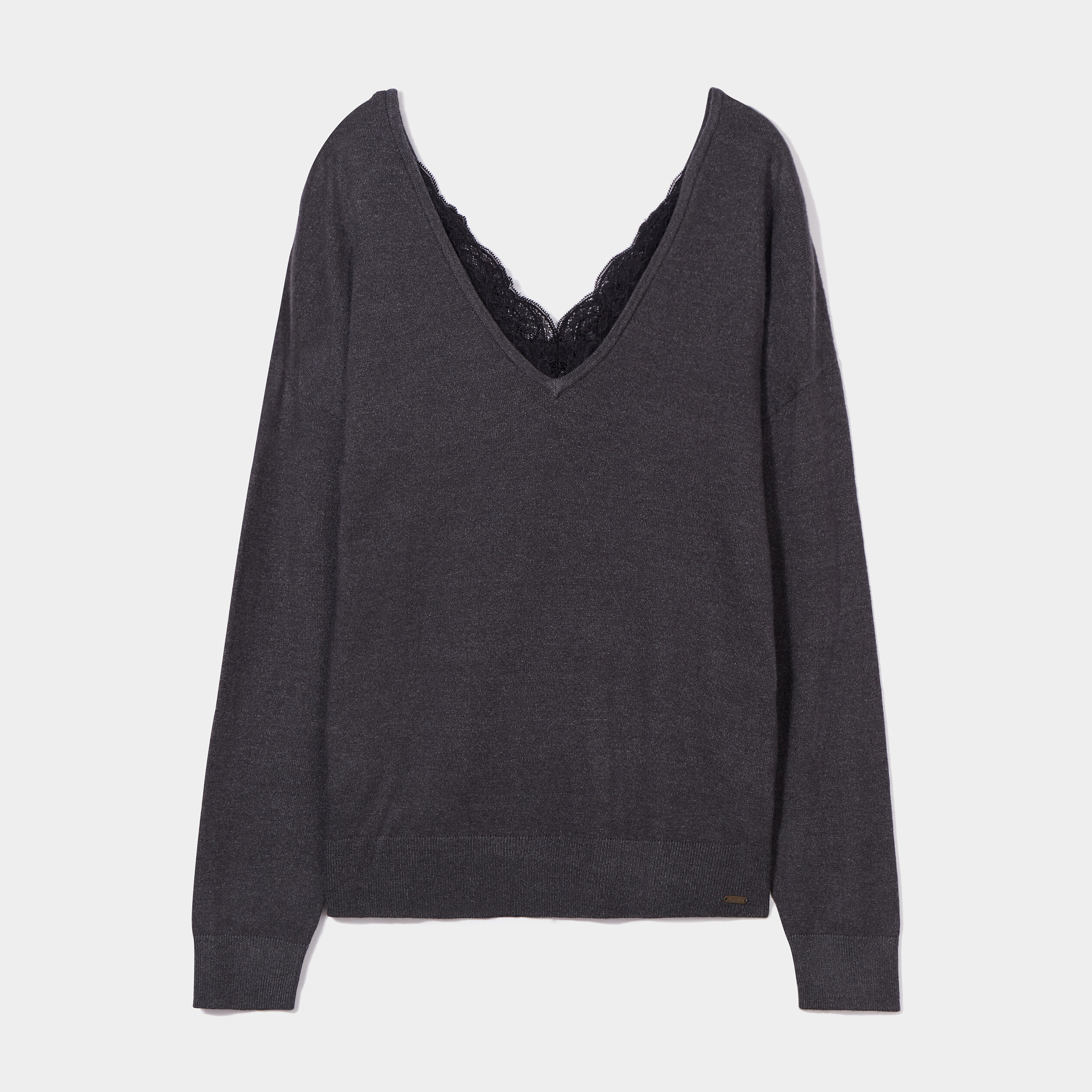 Pull dos en V avec dentelle gris foncé femme | La Halle