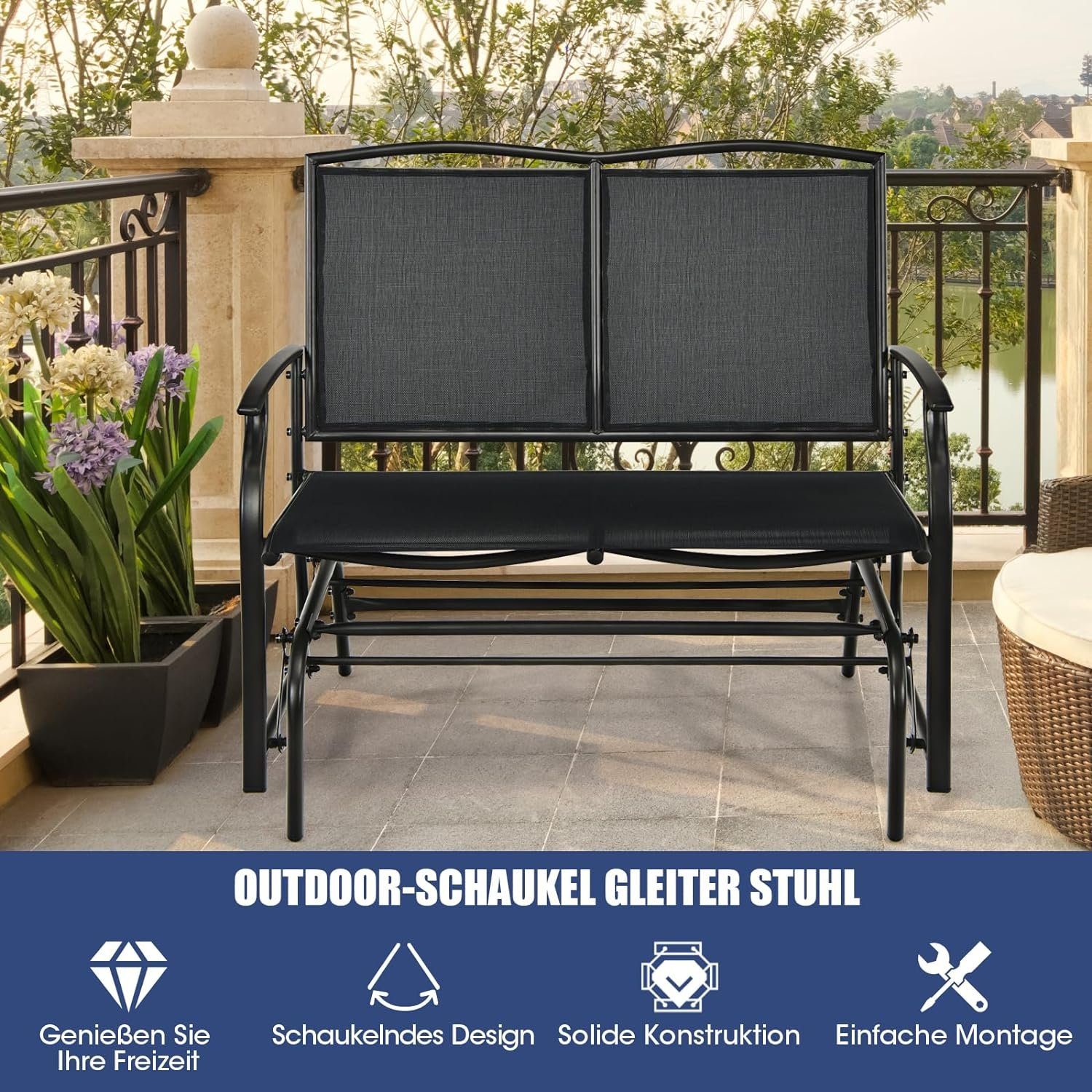 KOMFOTTEU Gartenbank Schaukelbank, 2-Sitzer, bis 180kg, 105 x 71,5 x 93 cm