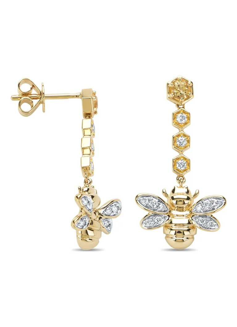 Diamond Point Yellow gold earrings, 0.20 ct citrine, Queen Bee