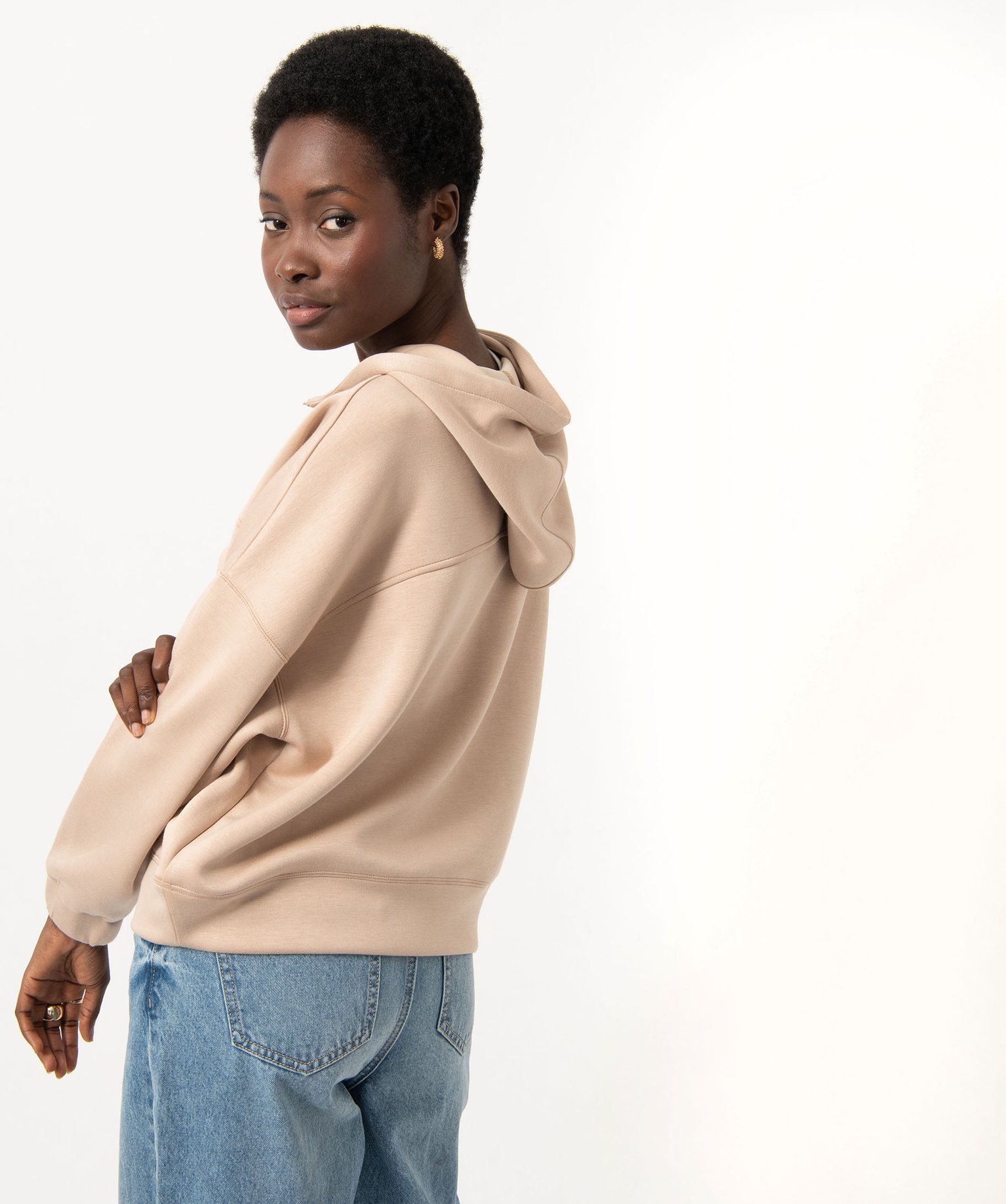 Sweat à capuche oversize avec col zippé femme beige | GEMO