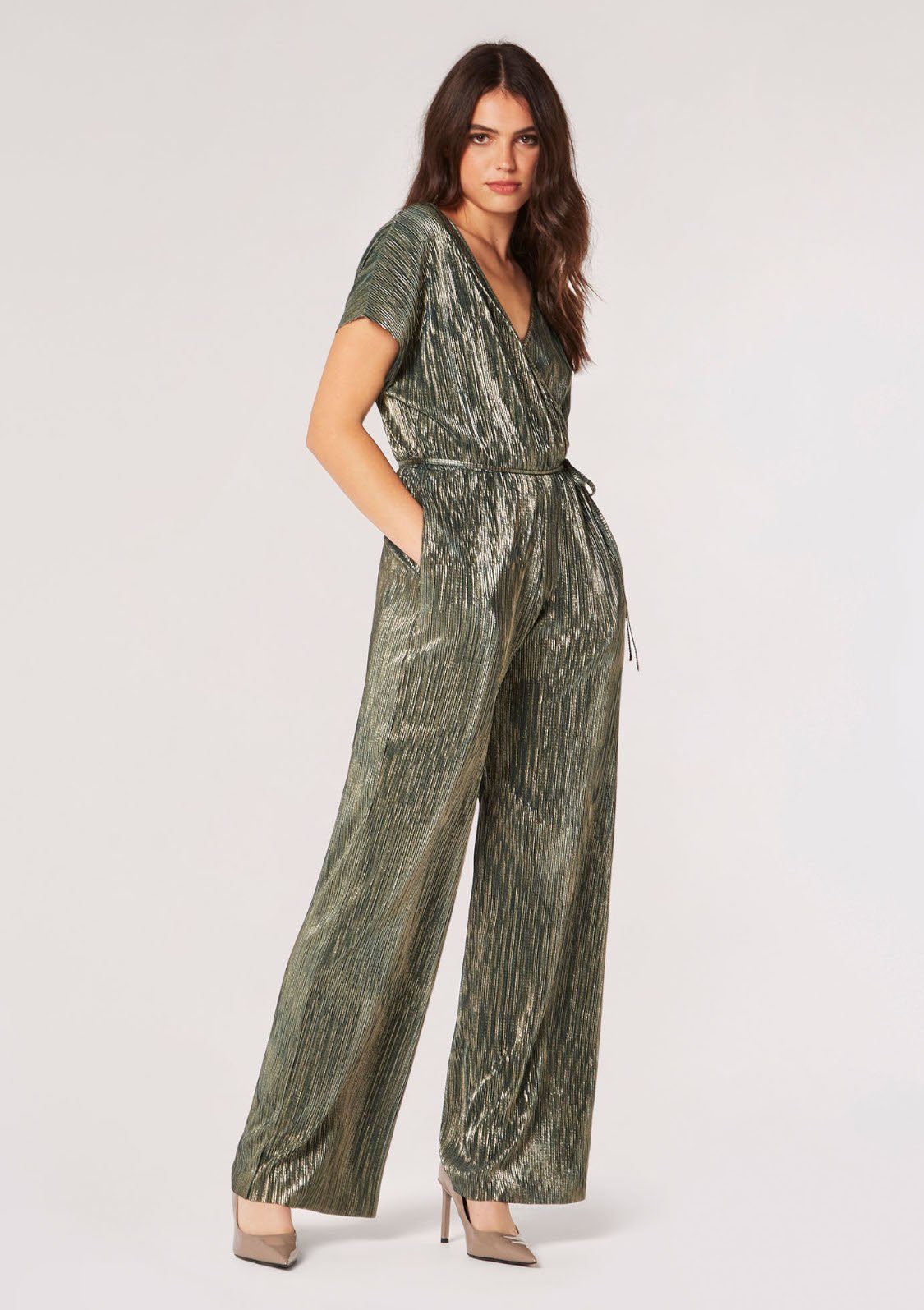 Apricot Jumpsuit Plisse Lurex Jumpsuit (2-tlg., mit Bindeband) in Wickeloptik