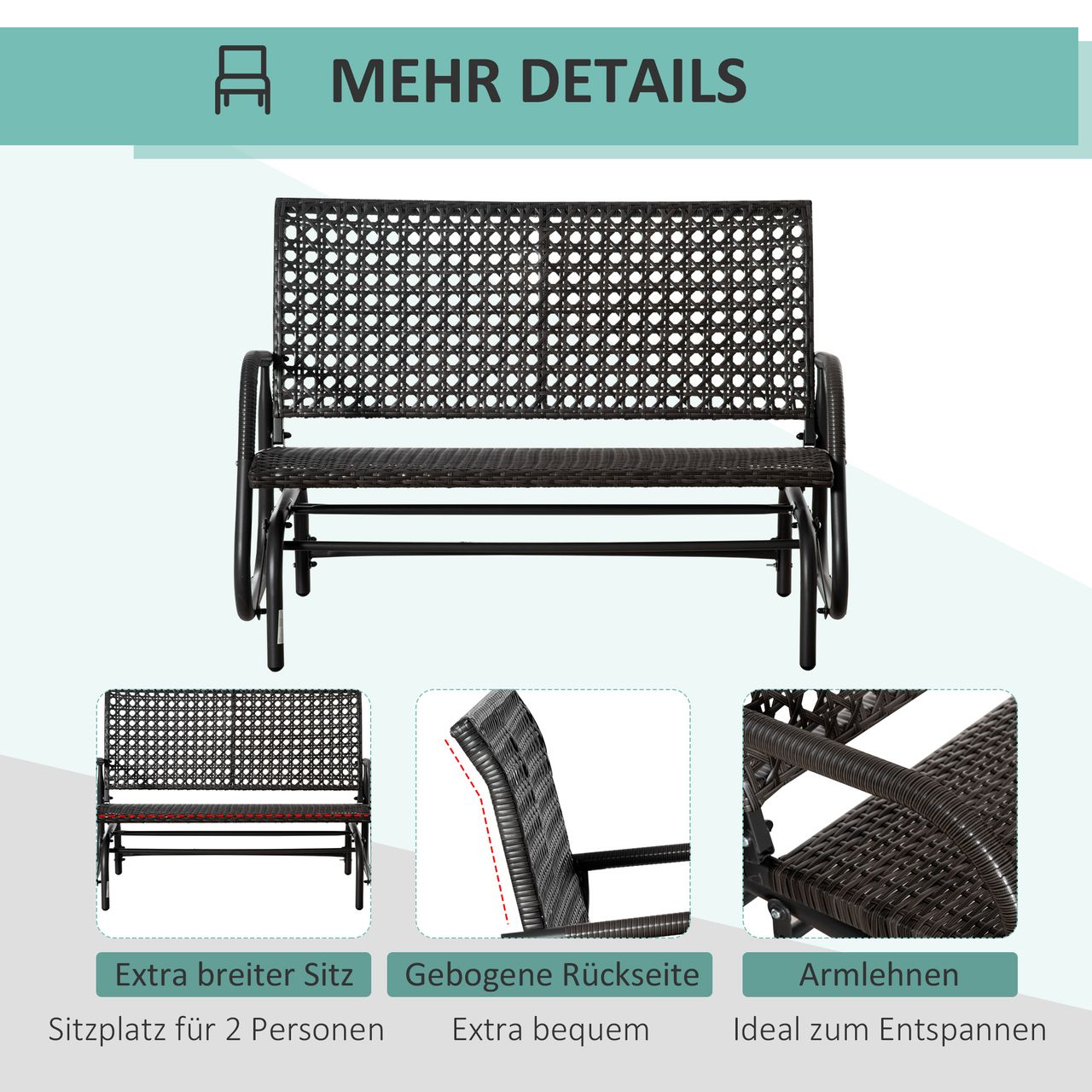 Outsunny Polyrattan Schaukelbank 2-Sitzer Outdoor Terrasse Garten Loveseat Gartenschaukel mit Rückenlehne Sitzbank Parkbank Grau 70 x 120 x 84 cm