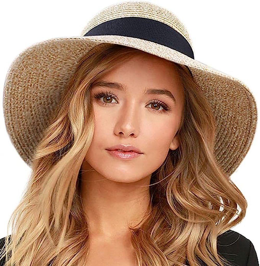 Deliana.makeup Strohhut Damen Sonnenhüte UPF 50+ Strandmütze Strohhut mit Breite Krempe locker faltbarer Sonnenhut