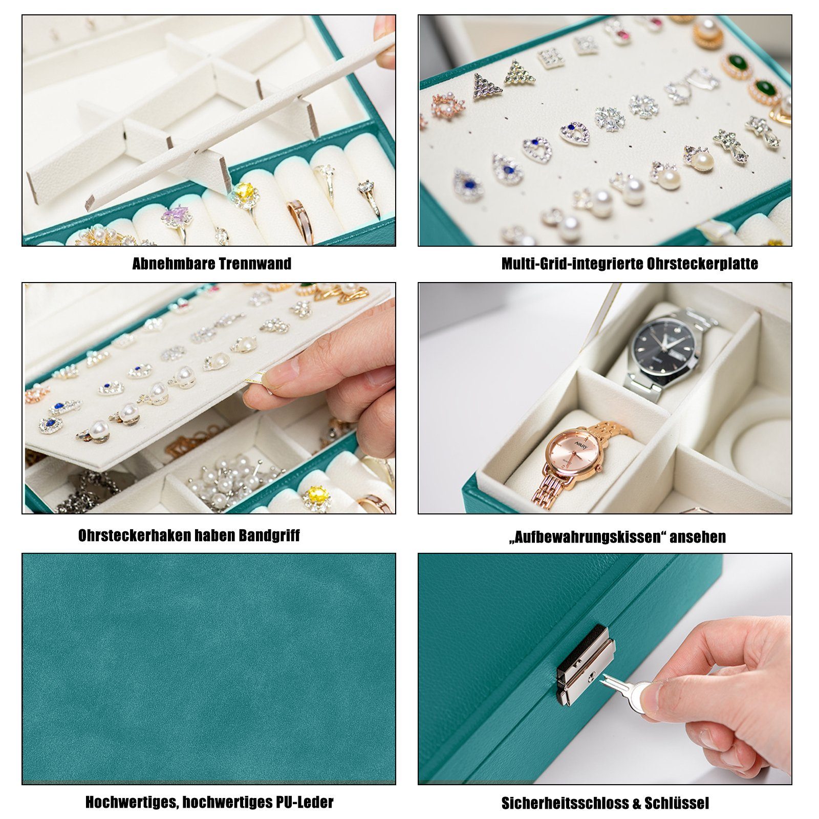 CALIYO Schmuckkassette Schmuckkästchen für Damen Mädchen, Schmuckaufbewahrung, mit Schlüssel für Ketten Ringe Ohrringe Armbänder Uhren
