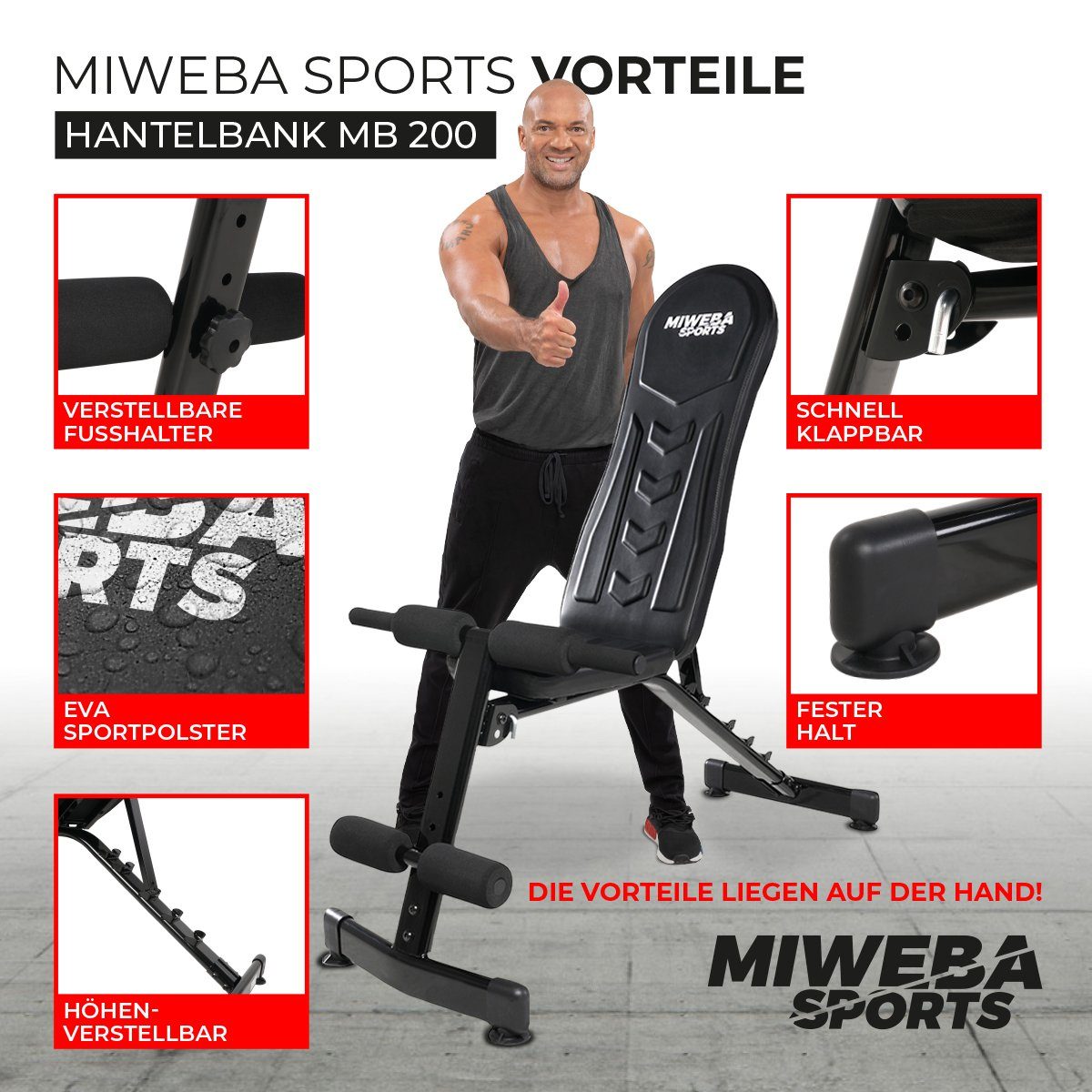 Miweba Sports Hantelbank Profi Trainingsbank MB200 - verstellbare & klappbare Flachbank, (6-fach verstellbare Lehne, Widerstandsbänder, 200 Kg max. Benutzergewicht, 3 Trainingspositionen, rutschfeste Standfüße, Bauchtrainer, Workout, Krafttraining, H
