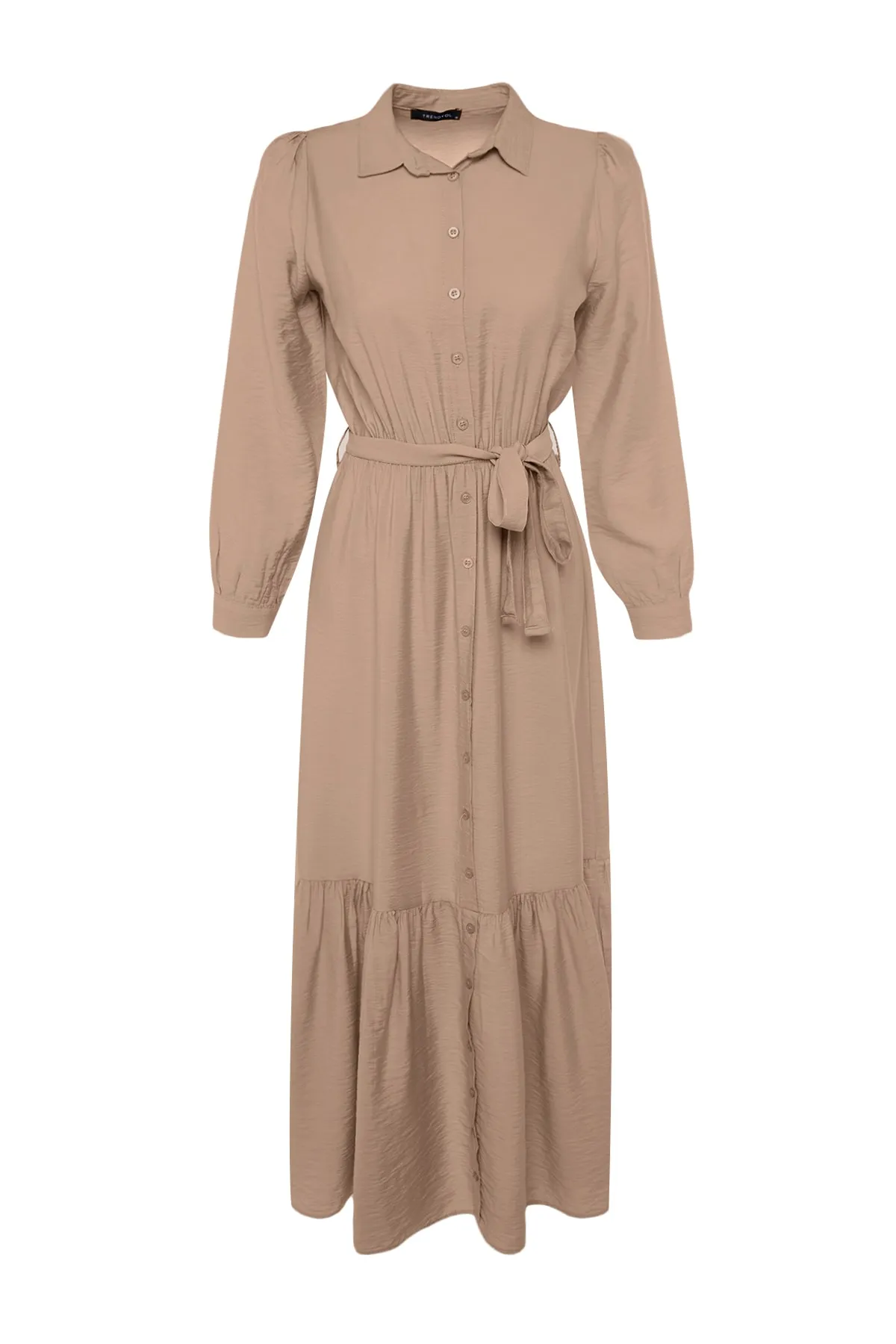 Trendyol Modest  Nerzfarbenes Hemdblusenkleid mit Schultergurt, detailliertem Rock und Volant TCTSS21EL3887