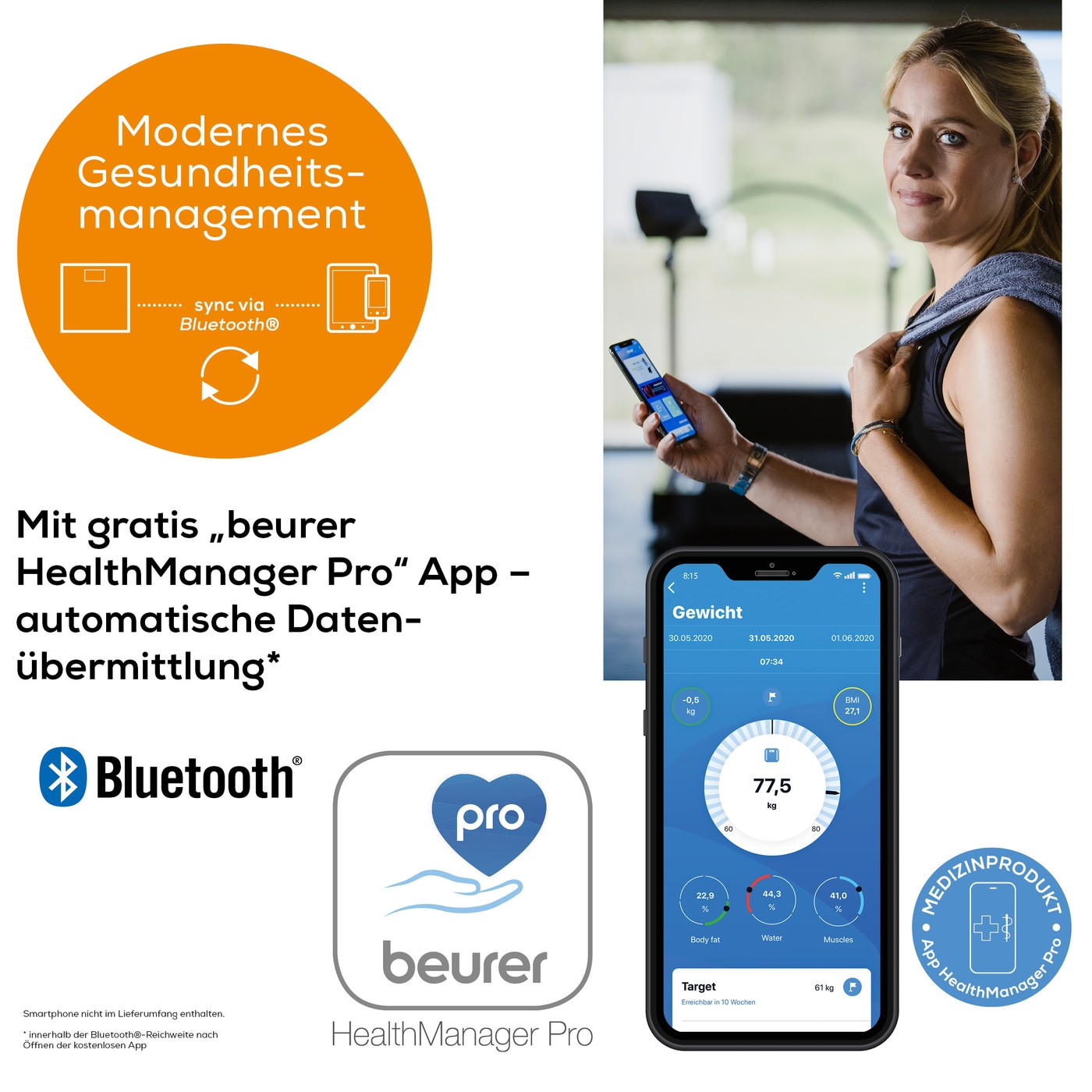 Beurer Diagnosewaage BF 1000 Super Precision-Säulenwaage mit Körperanalyse, Überkreuzmessung & App-Anbindung - bis 200 kg