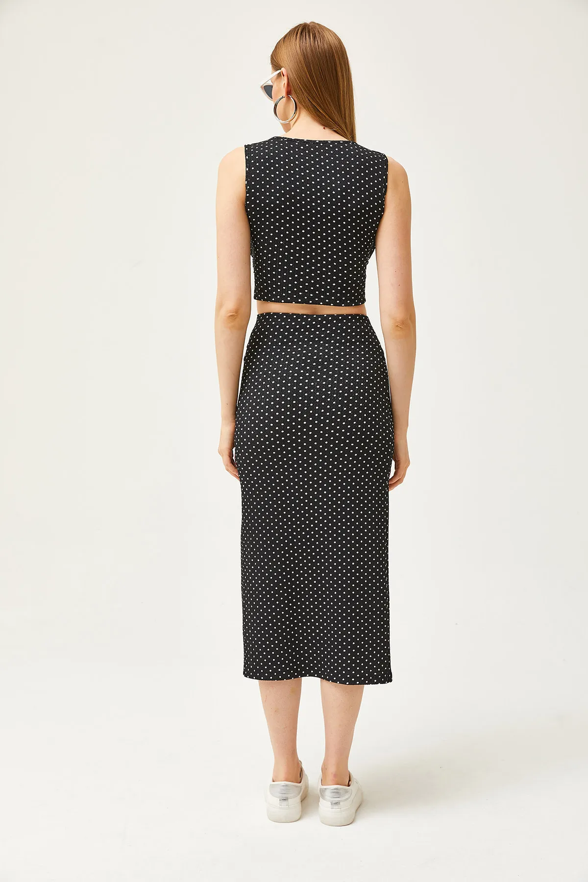 Olalook  Damen Schwarz Polka Dot Top Bluse Unterteil Rock Gestrickt Unterteil Top Set TKM-19000281