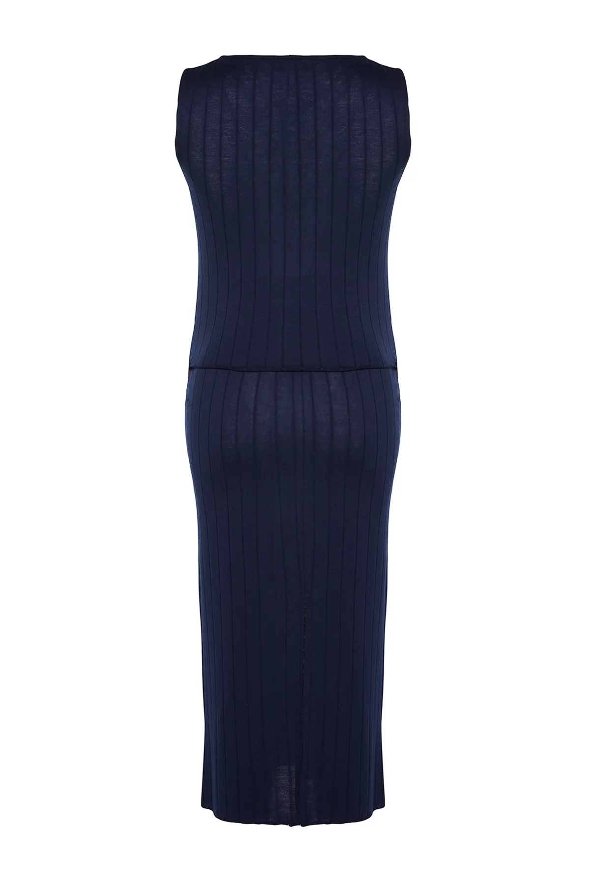 Trendyol Collection  Marineblaues, geripptes, knopfdetailliertes, dehnbares Midirock-Strick-Bottom-Top-Set TWOSS24AU00003