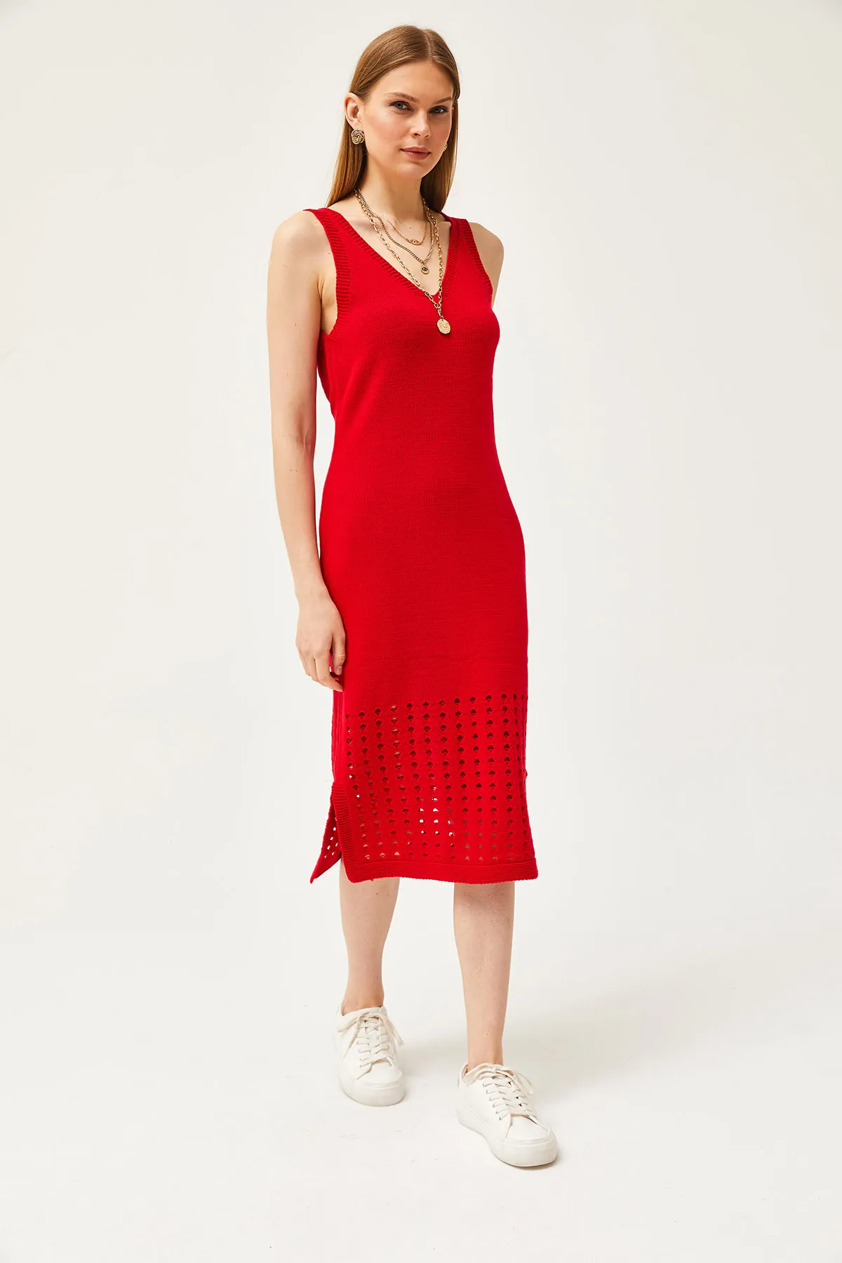 Olalook  Damen-Strickwaren-Set mit rotem Oberteil und durchbrochenem Pullover und unterem durchbrochenem Kleid TKM-19000246