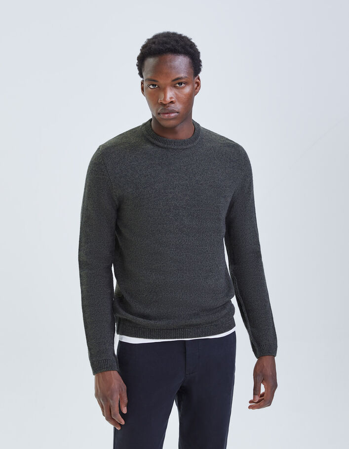 Pull kaki tricot mouliné à col rond Homme