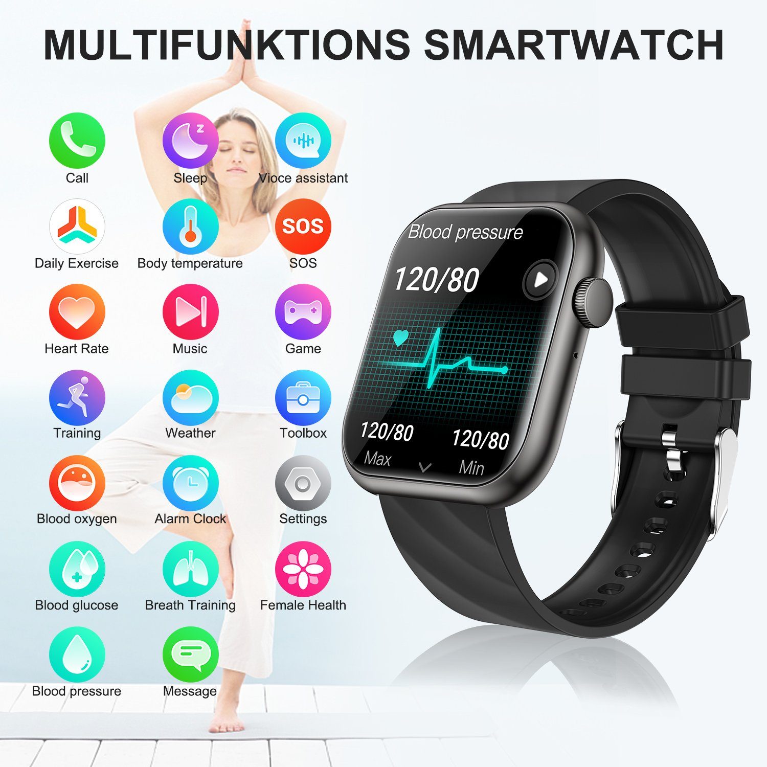 walkbee smartwatch,Fitness Tracker uhr für Damen Herren mit Telefonfunktion Smartwatch (5 cm/1.96 Zoll Full-Touch Zoll) IP67 Wasserdicht Fitness Uhr, 4 Austauschbare Armbänder