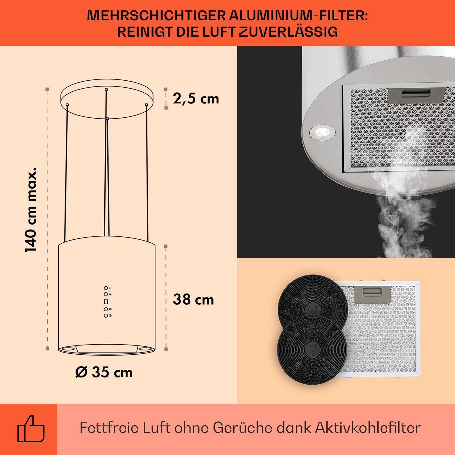 Klarstein Deckenhaube Serie TK15-Barett-SS Barett, Abzugshaube Insel Abluft Umluft Haube Dunstabzug Dunstabzugshaube