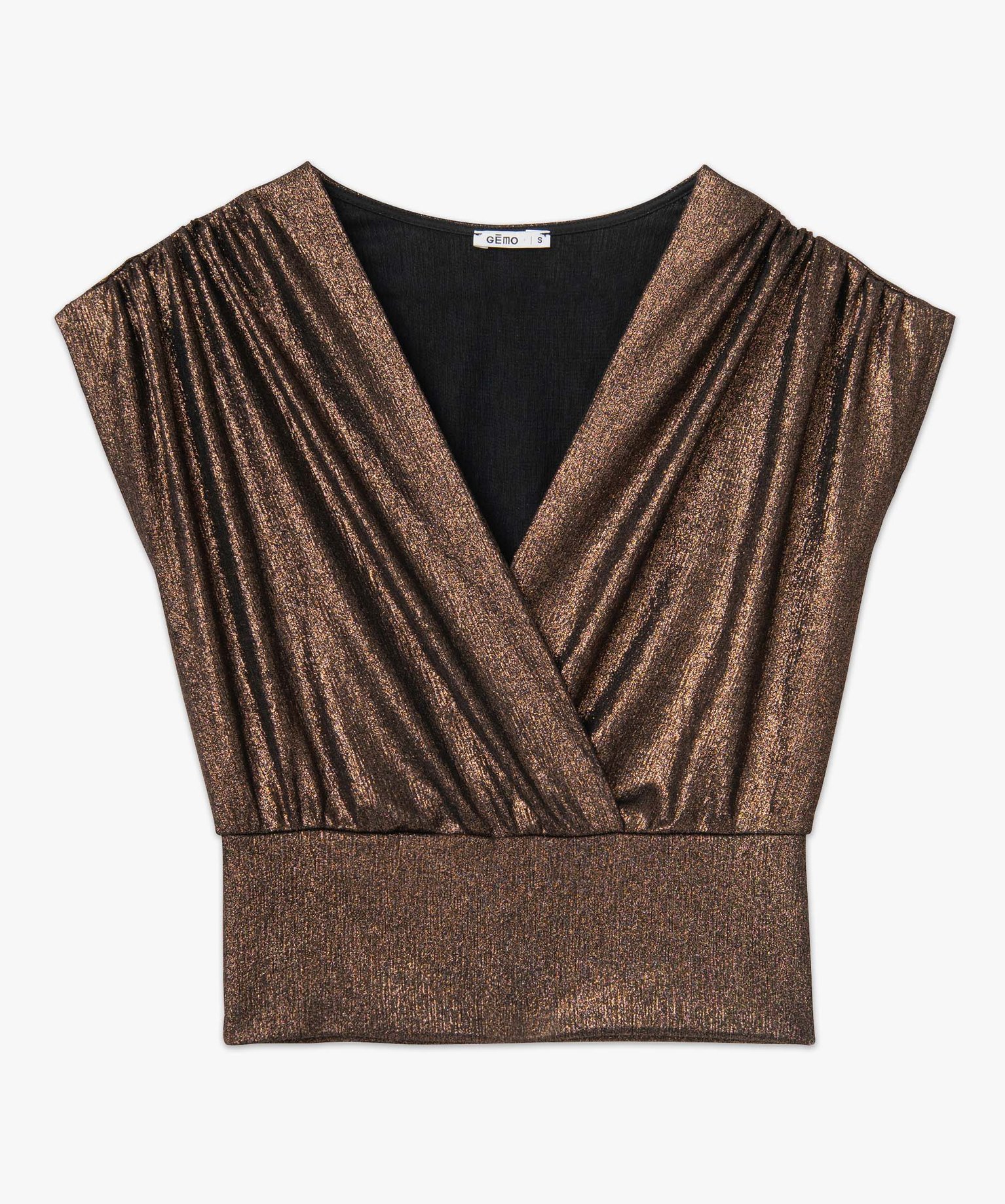 Tee-shirt femme cache-cur sans manches en matière lamée marron | GEMO
