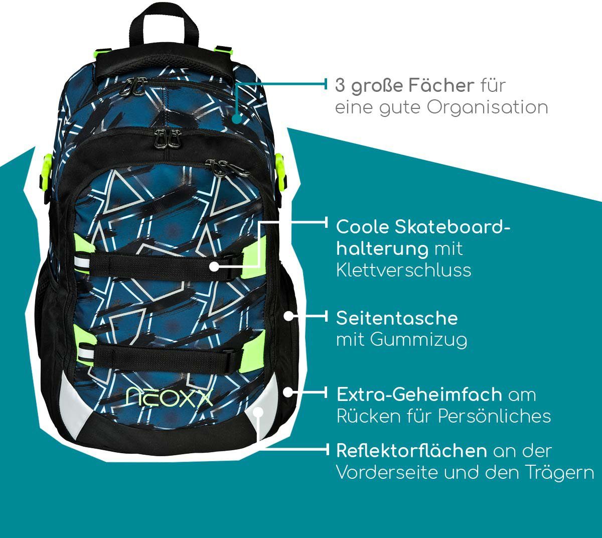 neoxx Schulrucksack Active, Flash yourself, aus recycelten PET-Flaschen