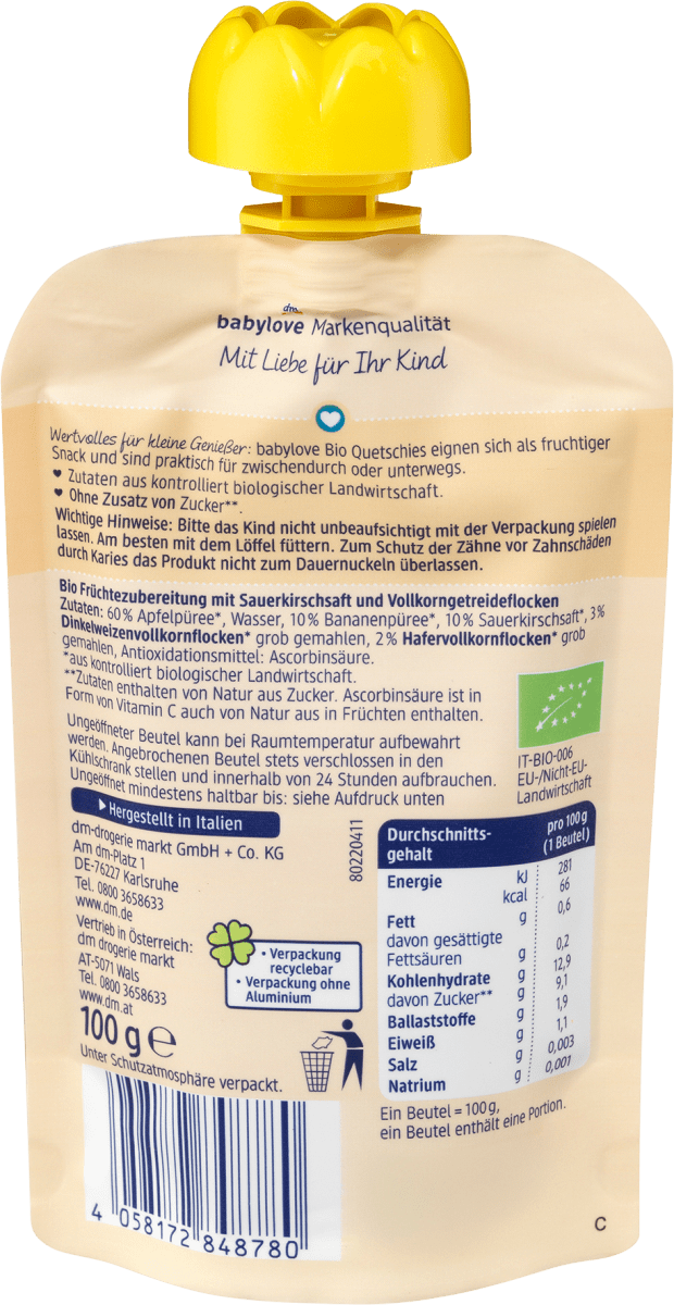 Quetschie Frühstückspause Apfel-Banane-Kirsch-Müsli recyclebar ab 1 Jahr, 100 g
