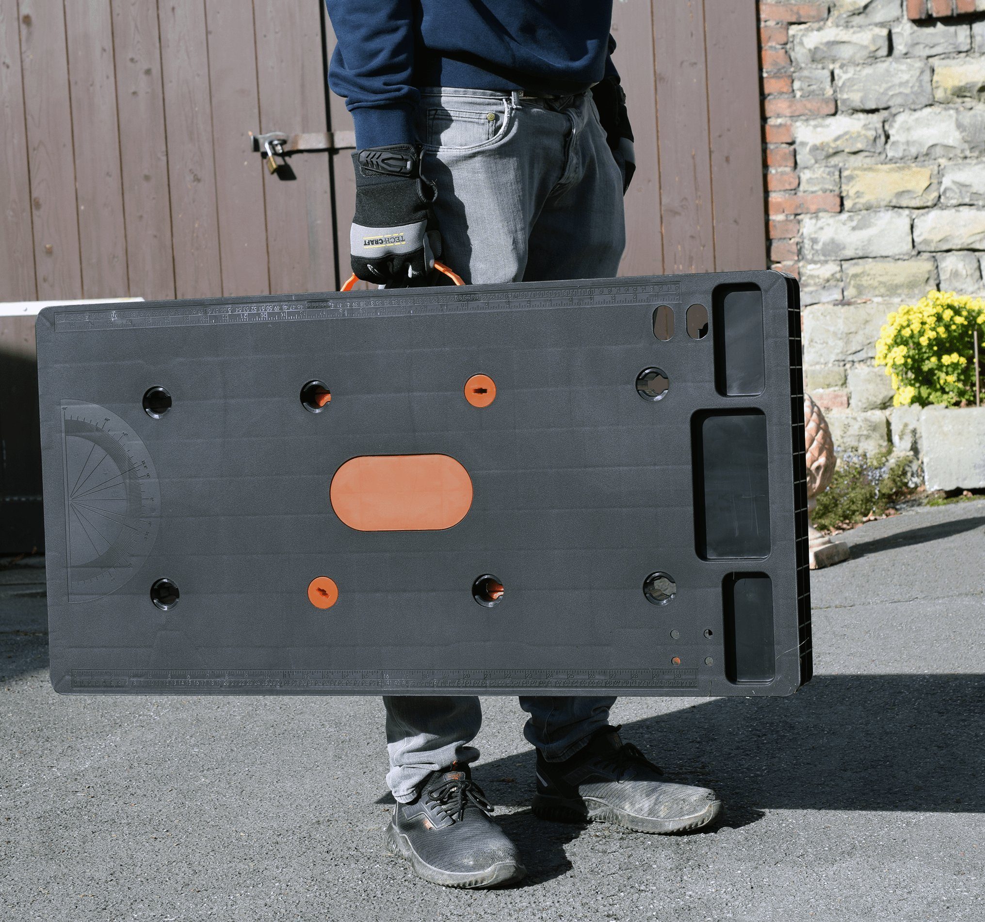 TECH-CRAFT Werkbank Werkbank 5-in-1 Montagetritt Rollwagen/Montageliege Sägebock, (1 Stück), 3-Fach höhenverstellbar