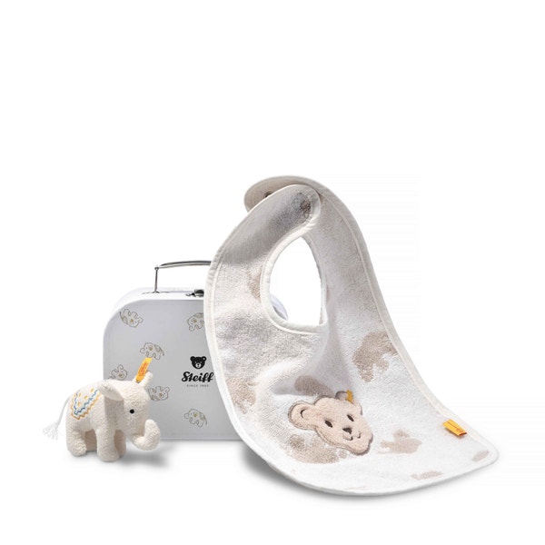 Geschenkset Elefäntle mit Rassel und Latz, 20 cm, mehrfarbig