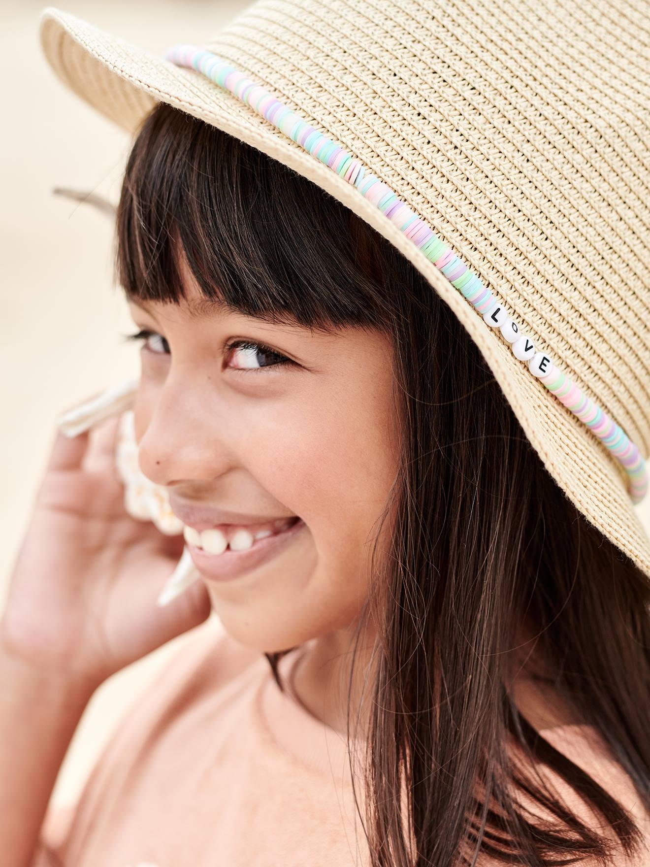 Chapeau aspect paille avec perles fille sable