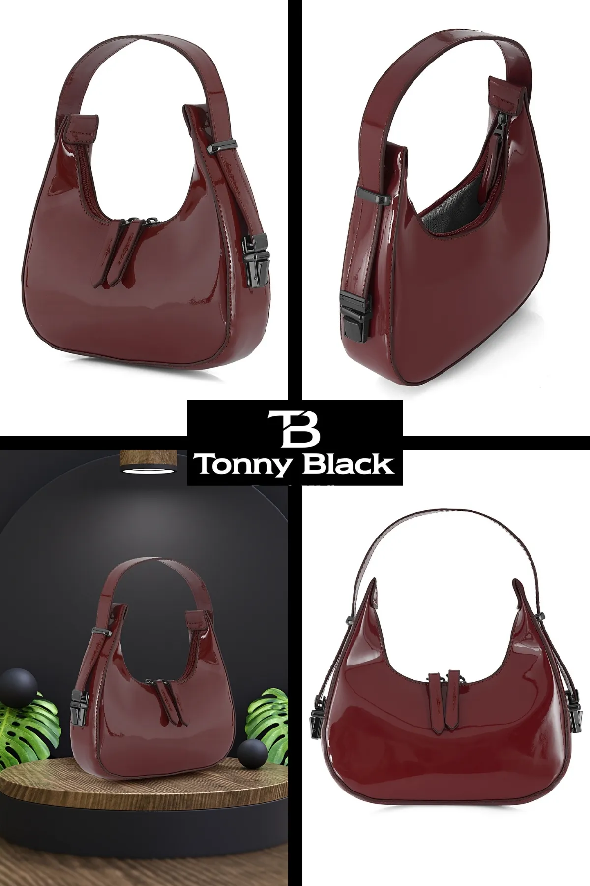 Tonny Black  Original Neue Saison Kirschrot Glänzendes Lackleder Baguette Modell Einäugig Stilvolle Handtasche und Schultertasche Weinrot