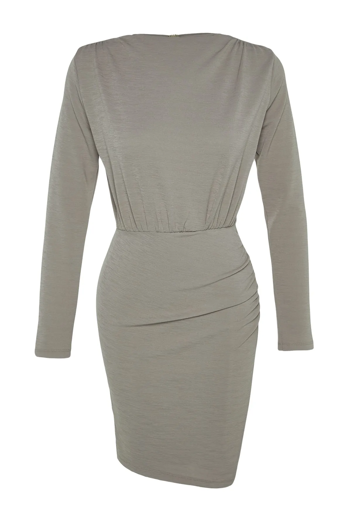 Trendyol Collection  Nerzfarbenes, detailliertes Mini-Strickkleid aus strukturiertem, drapiertem Krepp TWOAW24EL00137
