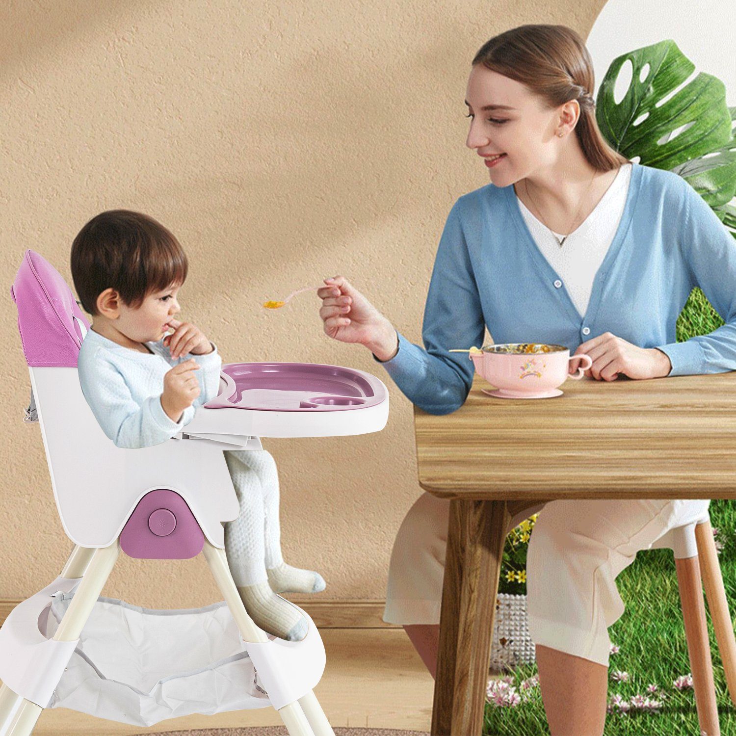 FOXSPORT Kinderklappstuhl Hochstuhl Kinder Hochstuhl 2 in 1 Babystuhl Kombihochstuhl (mit Ablagekorb, mit 5-Punkt-Sicherheitsgurt, wasserdichtes abnehmbares Tablett), klappbar, 6 Monate bis 4 Jahre, 50kg belastbar, violett/ grün (Türkis)