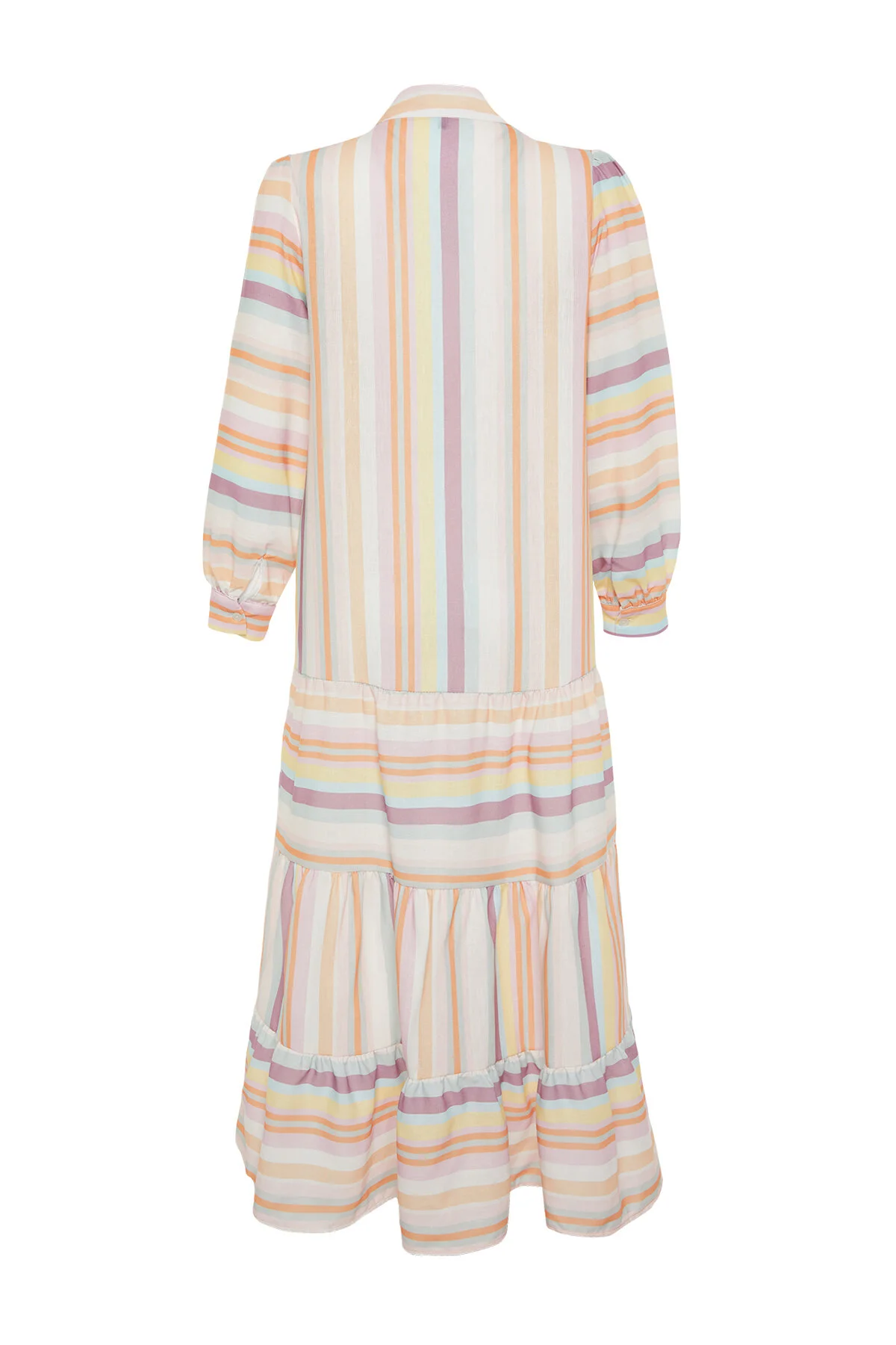 Trendyol Modest  Gewebtes Kleid in Leinenoptik mit mehrfarbig gestreiftem Rock und Rüschen TCTSS24EB00105