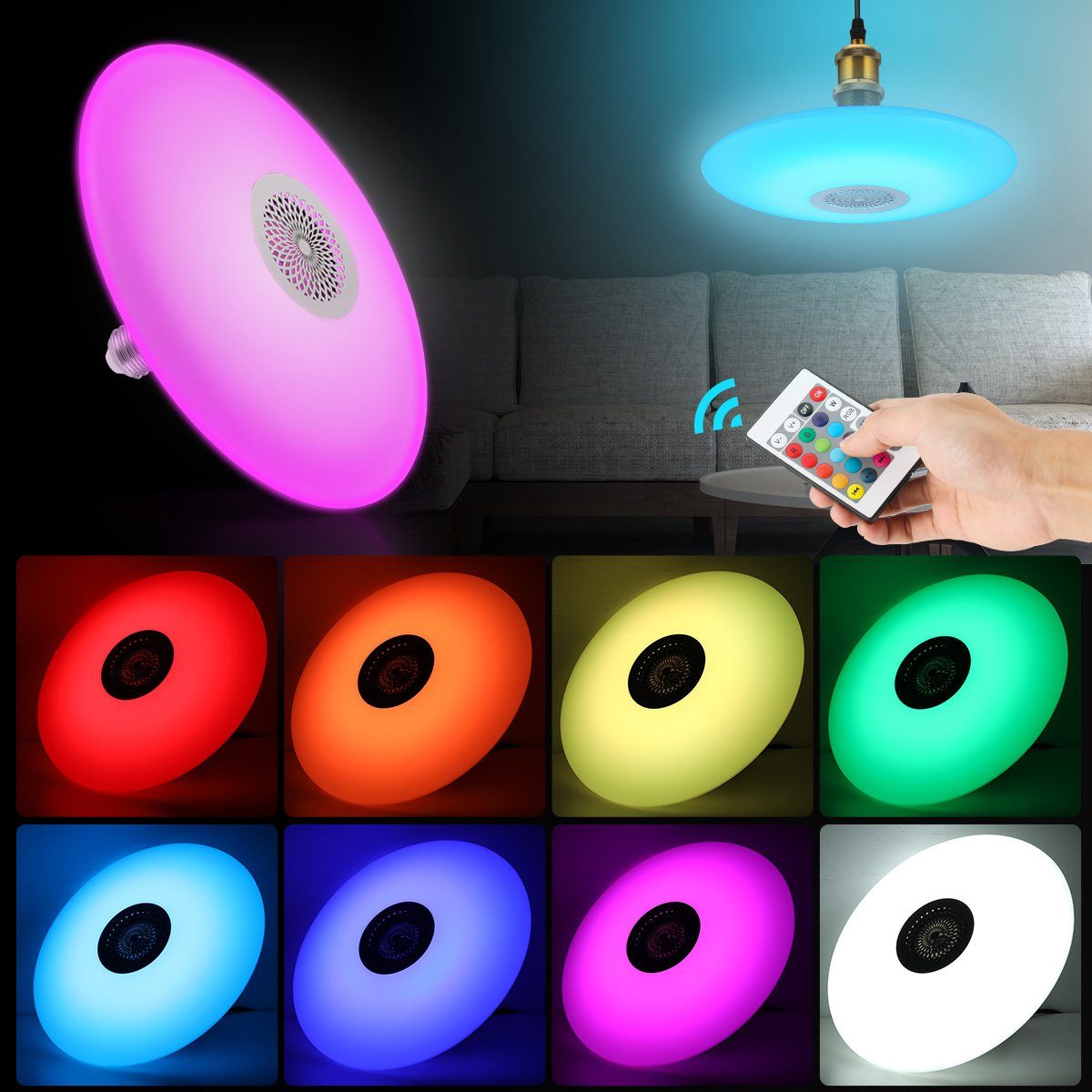 oyajia Deckenleuchte 48W E27 LED Deckenlampe mit Bluetooth Lautsprecher, mit Fernbedienung, LED fest integriert, RGB, Dimmbar LED RGB Lampe Leuchtmittel, für Home Stage Party Weihnachtsdeko