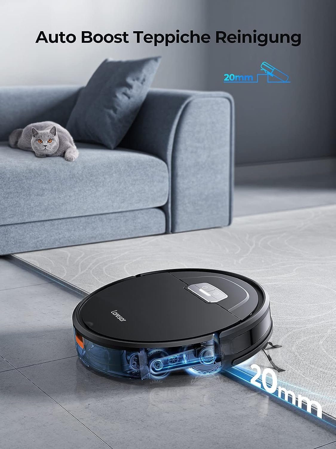 Laresar Saugroboter EVOL 3S, Saugroboter mit Wischfunktion 4500Pa Schwarz Roboter Staubsauger Super-dünn Saugroboter App/Remote/Sprachsteuerung ideal für Hartböden, Tierhaare, Teppiche
