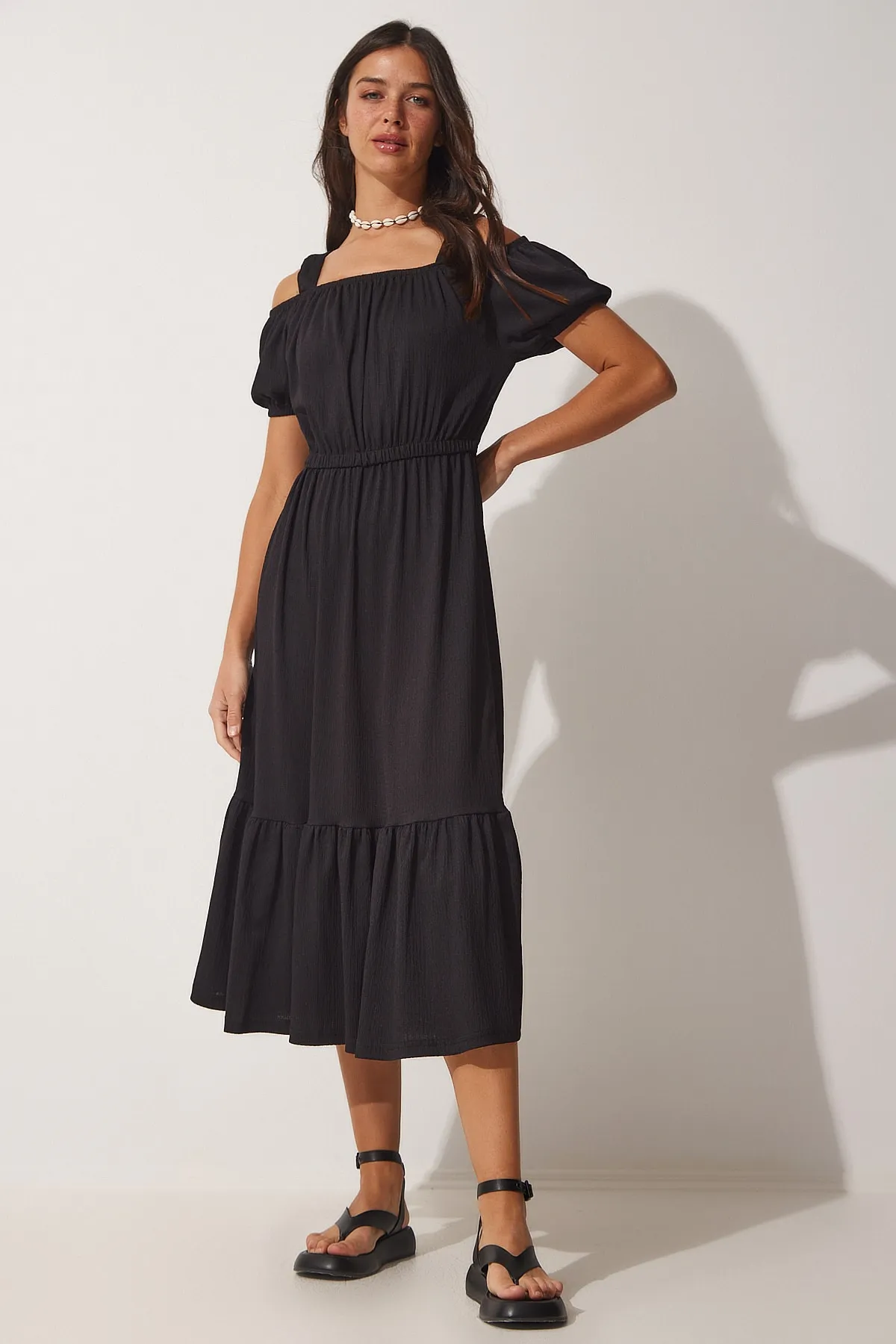 Happiness İstanbul  Schwarzes trägerloses Sommerstrickkleid für Damen AP00182