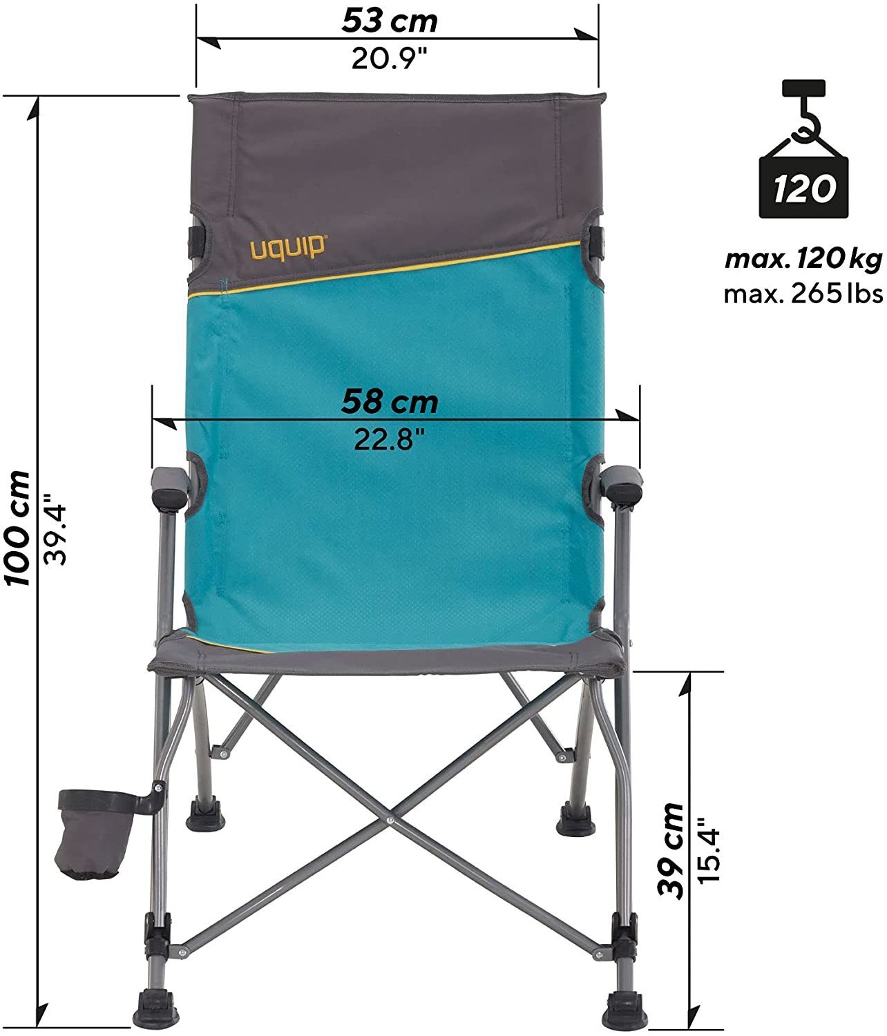 UQUIP Campingstuhl Sidney Campingstuhl - Lounge-Charakter, bis 120 kg Traglast, gepolsterte Armlehnen, breite Standfüße gegen Einsinken in weichem Boden, hohe Lehne
