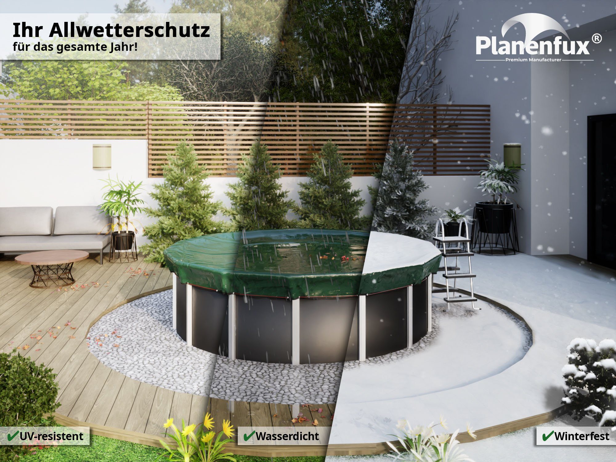 Planenfux® Pool-Abdeckplane Beidseitig nutzbare 2-in-1 Poolplane für Rundpools (Set), Ø 320 - 366 cm Poolabdeckung für runde Pools aus UV-resistentem 200g/m² PE Material